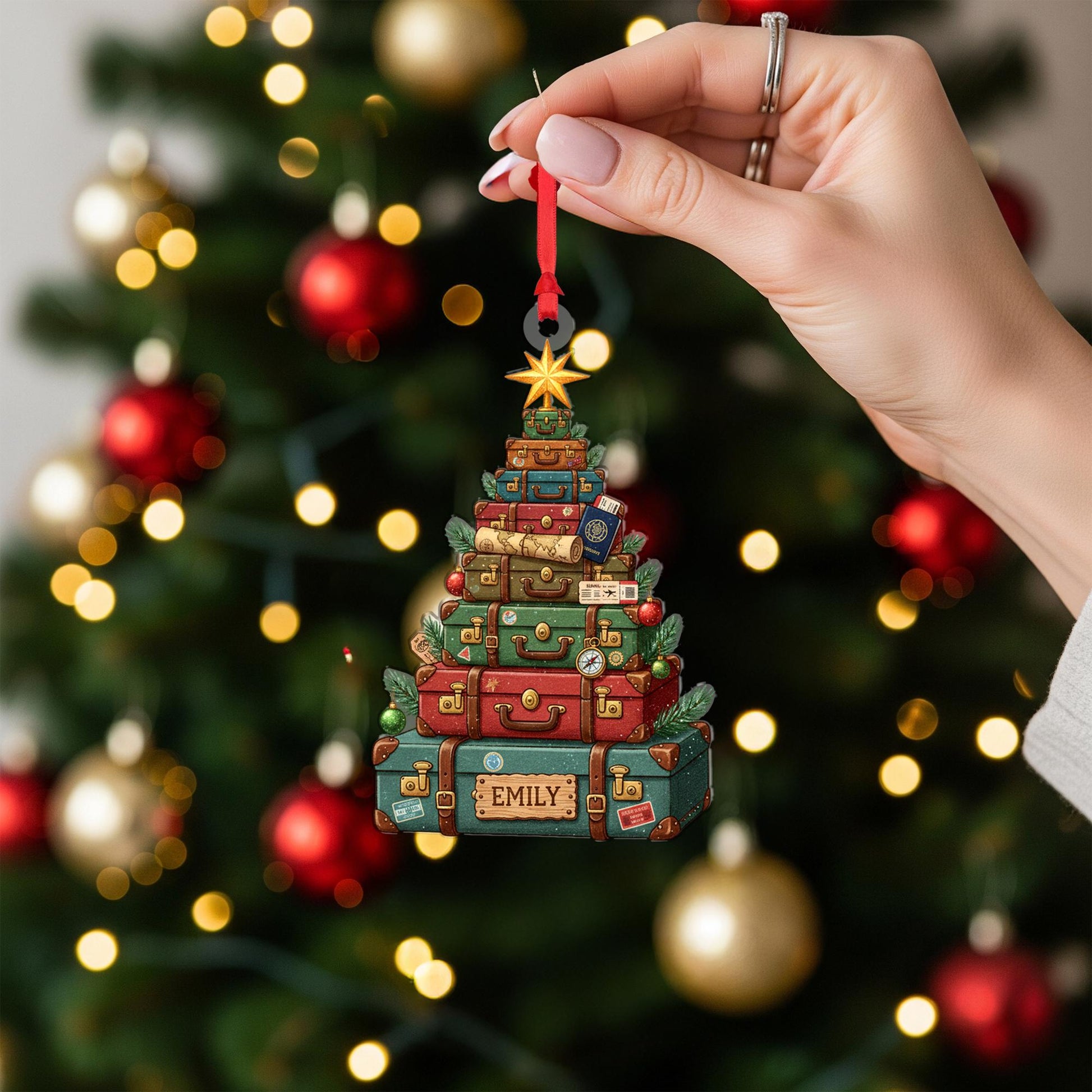 Stacked Suitcase Christmas Tree Ornament – Personalized Travel Xmas Hanging Decor