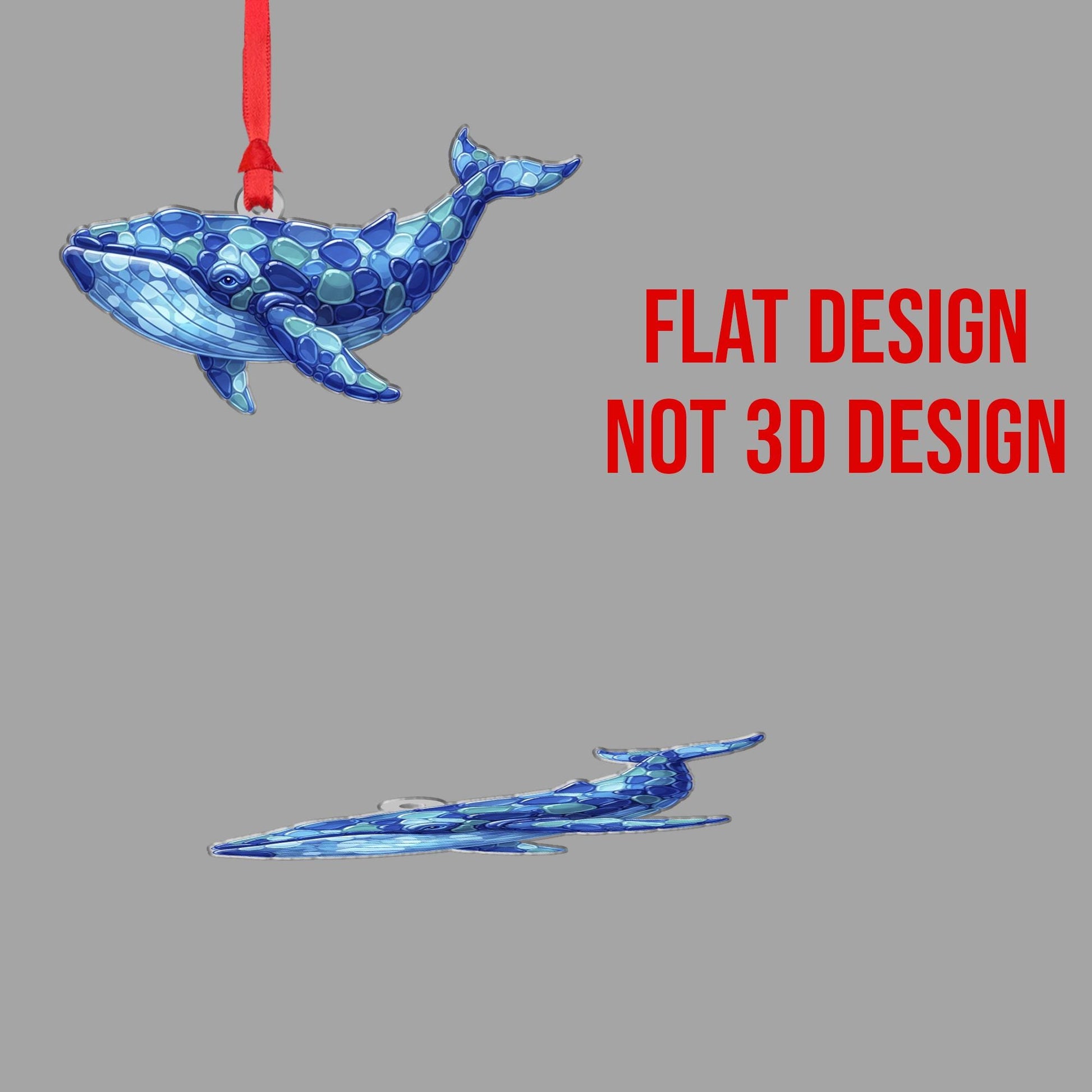 2D Sea Glass Whale Ornament – Acrylic Ocean Animal Decoration with 2D Coastal Blue Design