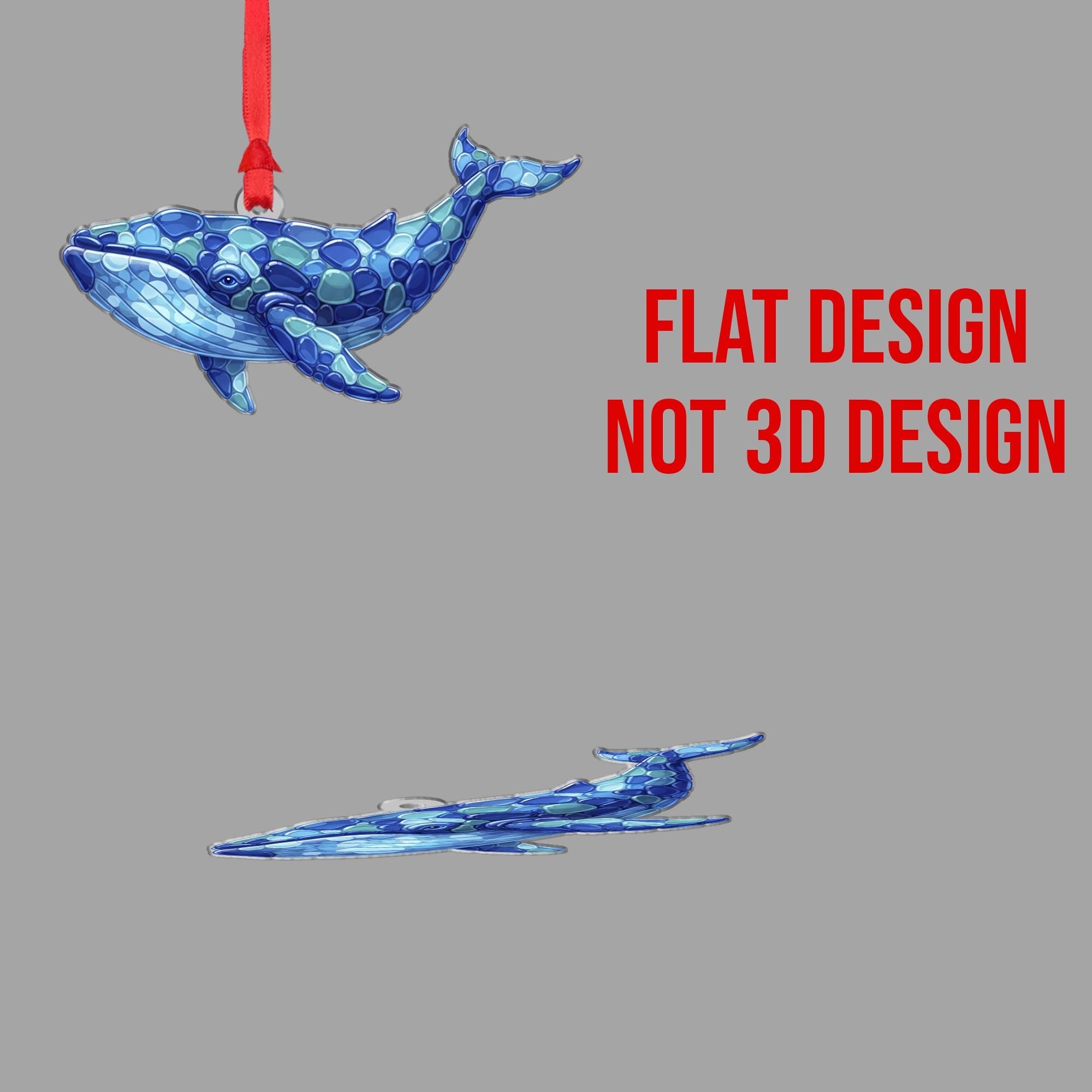 2D Sea Glass Whale Ornament – Acrylic Ocean Animal Decoration with 2D Coastal Blue Design