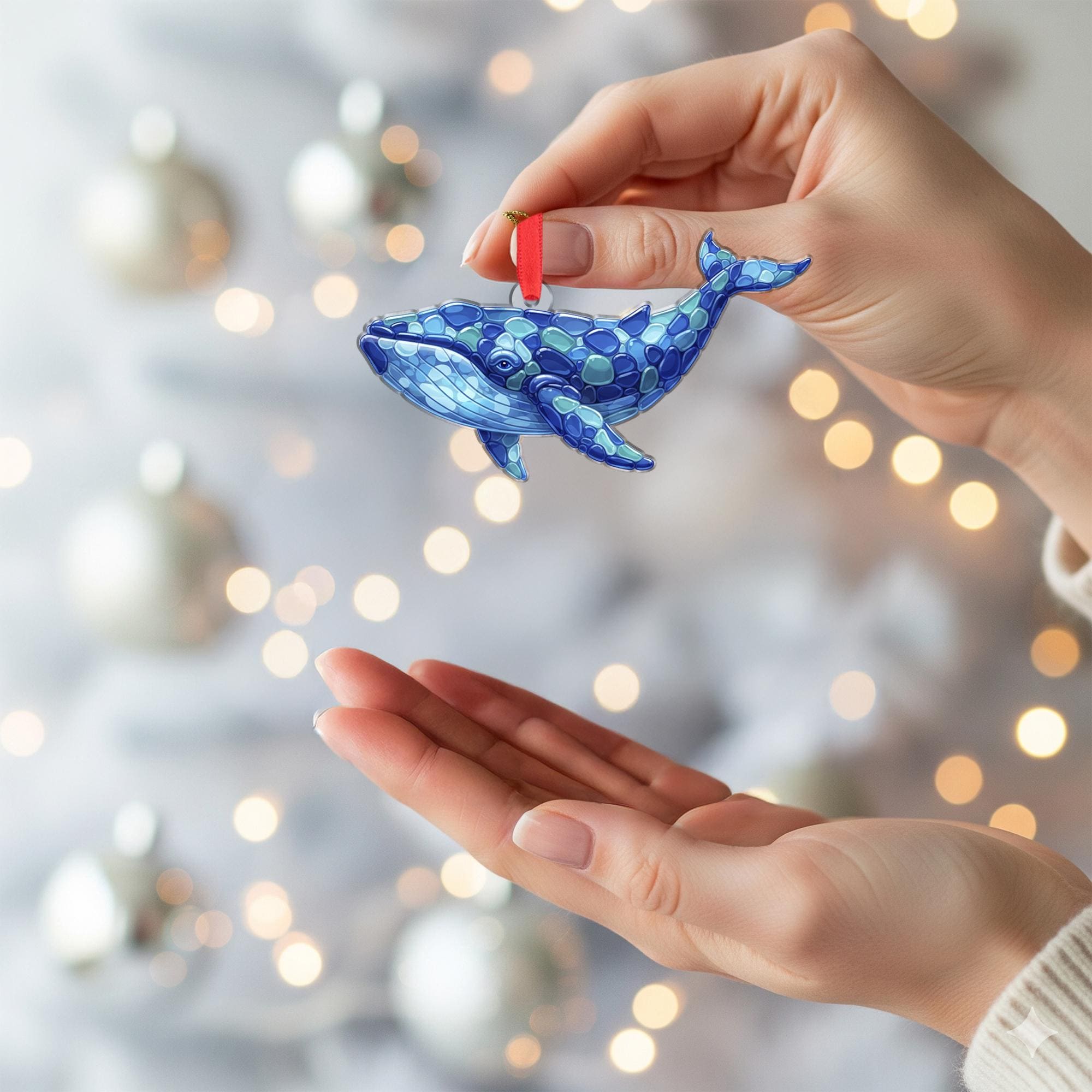 2D Sea Glass Whale Ornament – Acrylic Ocean Animal Decoration with 2D Coastal Blue Design