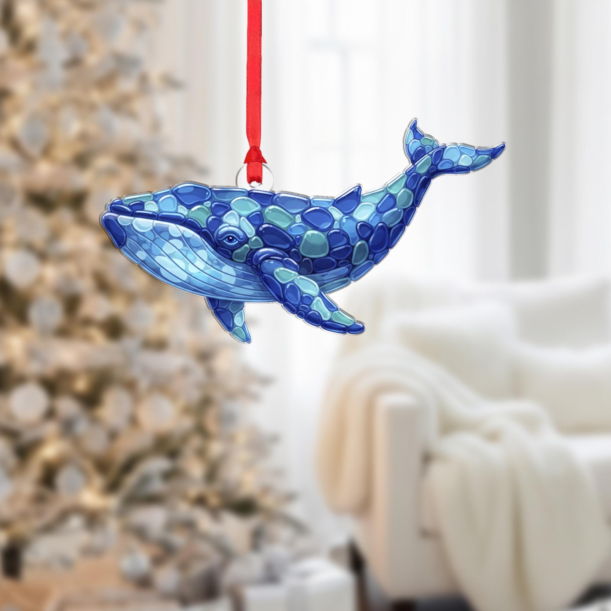2D Sea Glass Whale Ornament – Acrylic Ocean Animal Decoration with 2D Coastal Blue Design