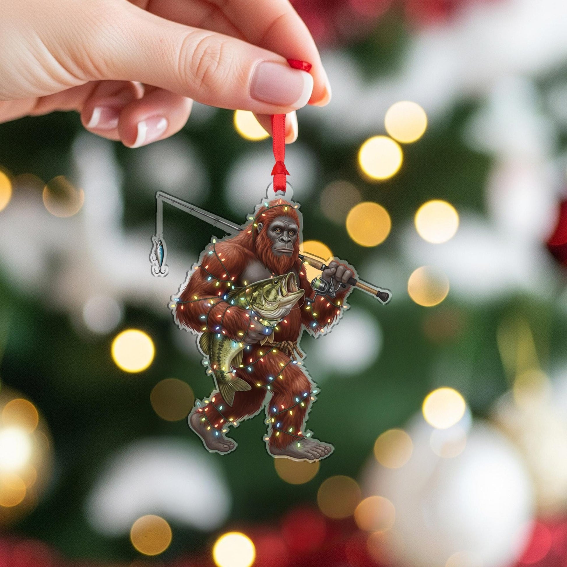 Sasquatch Fishing Ornament – Acrylic Holiday Decoration with Lights and Bass Design