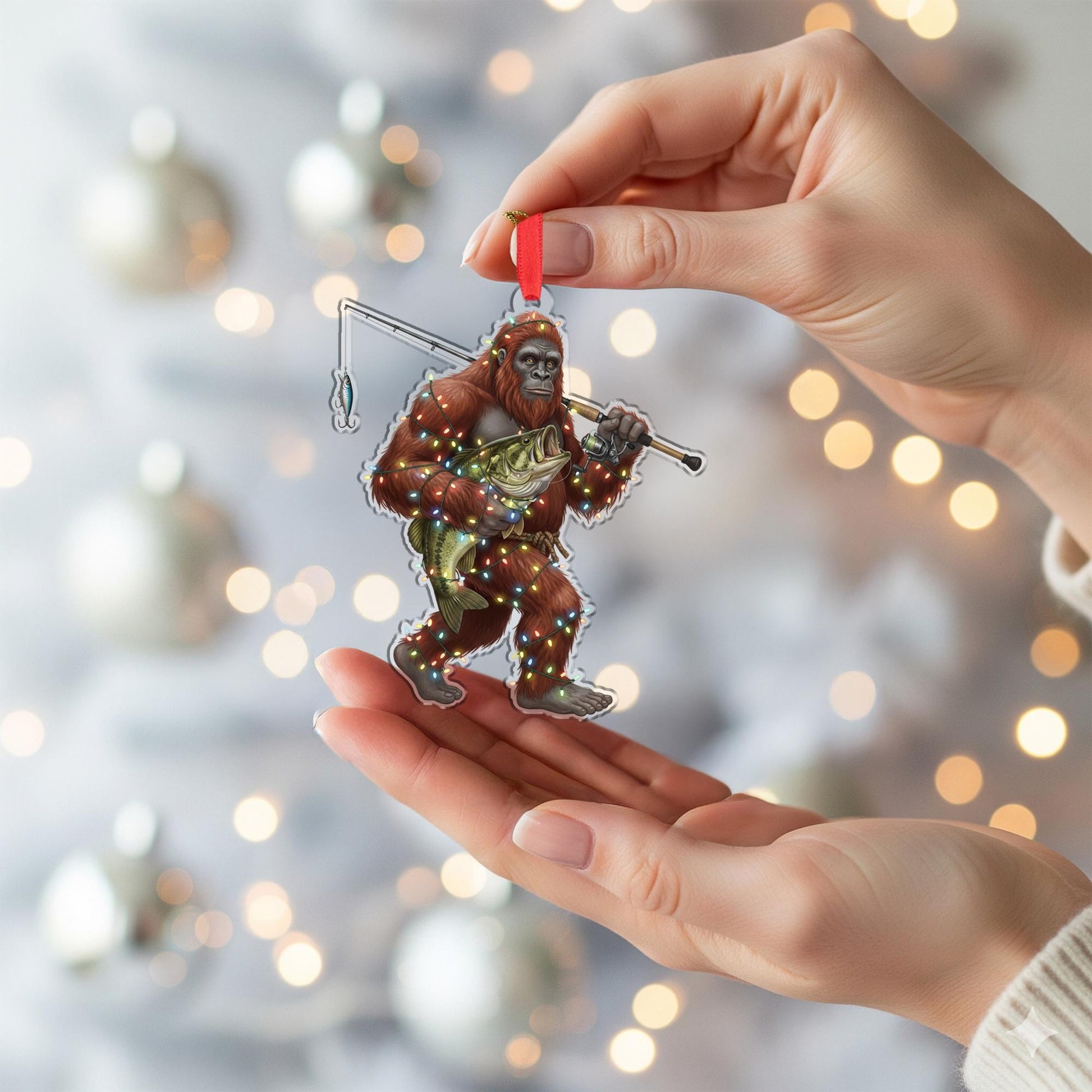 Sasquatch Fishing Ornament – Acrylic Holiday Decoration with Lights and Bass Design