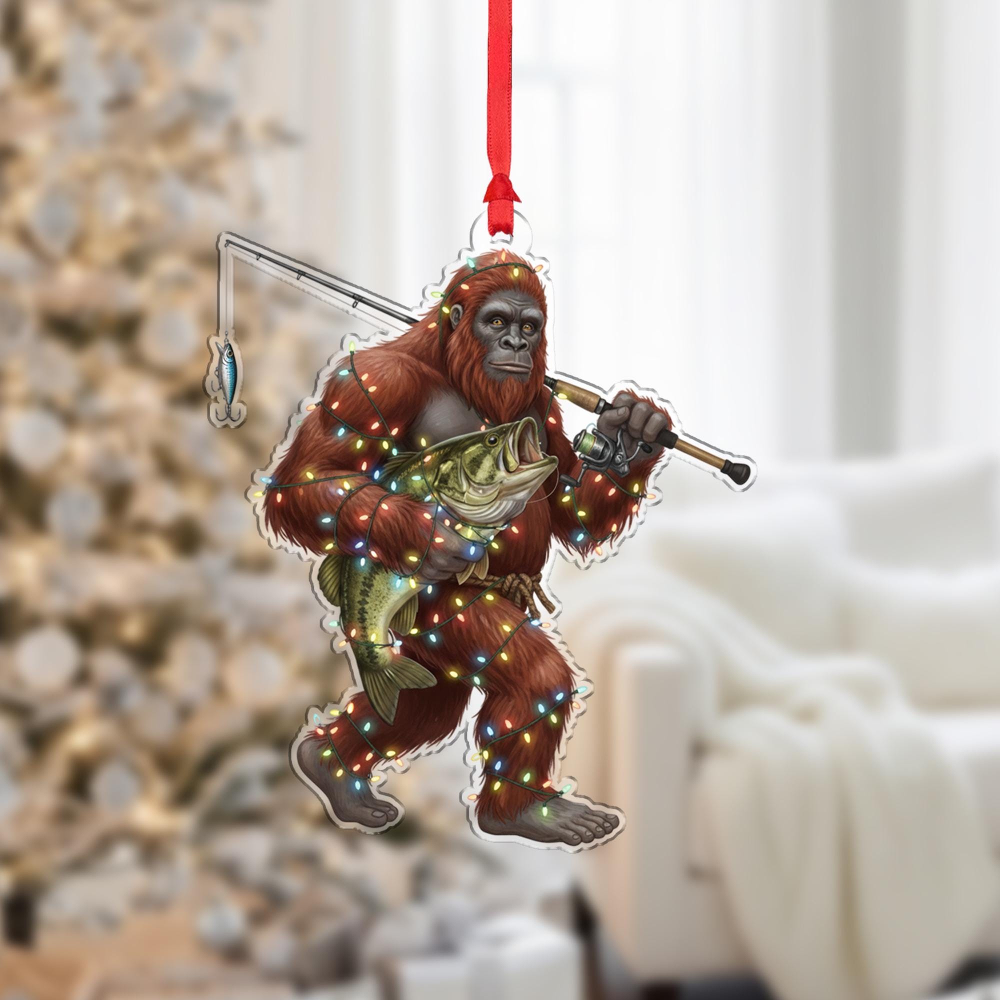 Sasquatch Fishing Ornament – Acrylic Holiday Decoration with Lights and Bass Design