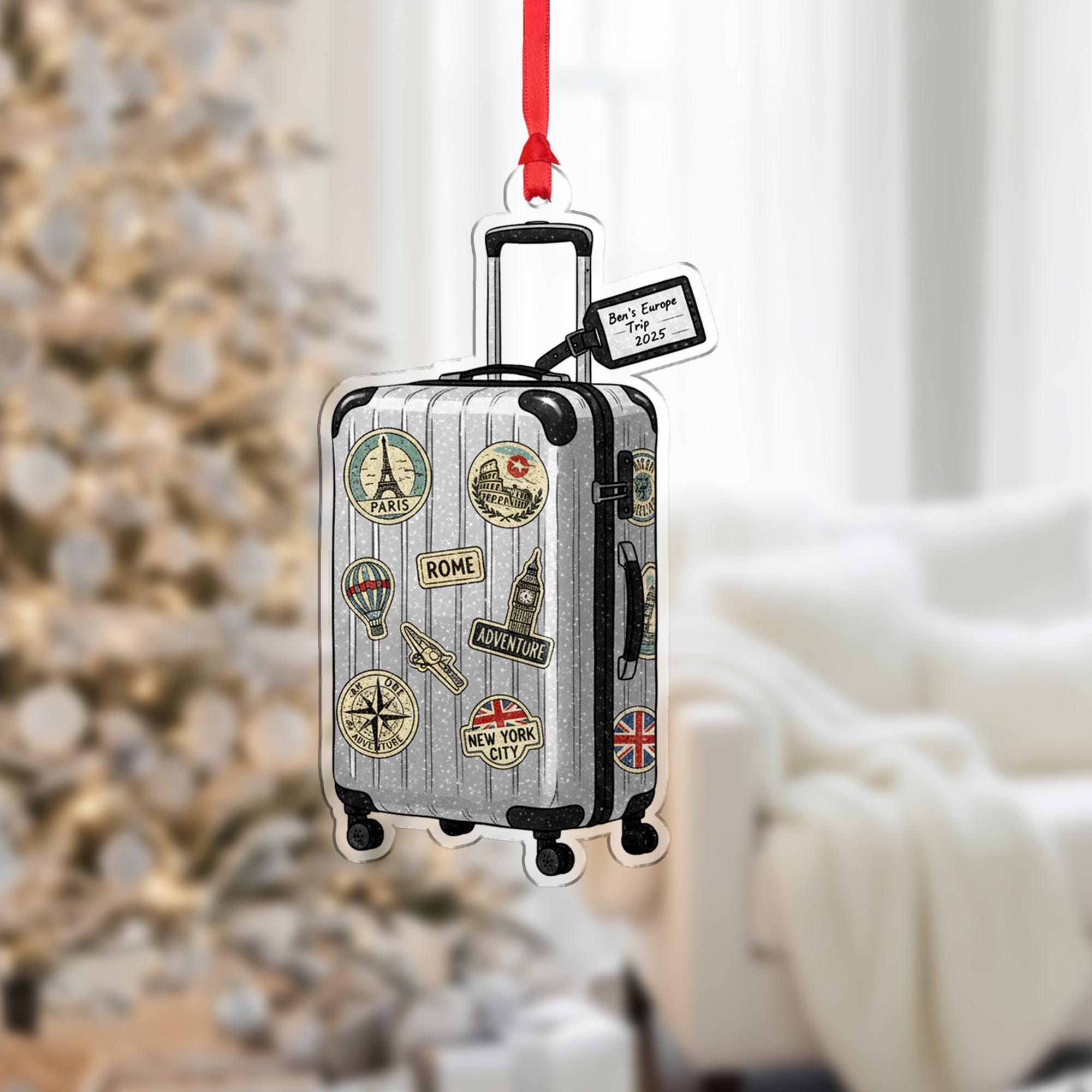 Vintage Suitcase Trip Ornament –Personalized Travel Keepsake