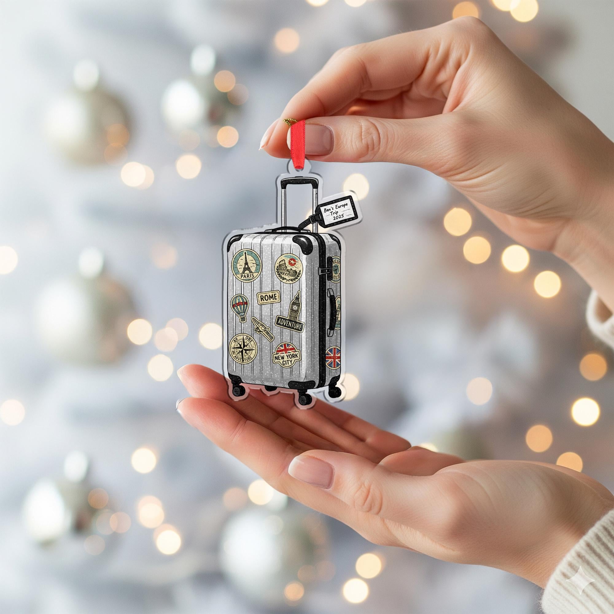 Vintage Suitcase Trip Ornament –Personalized Travel Keepsake