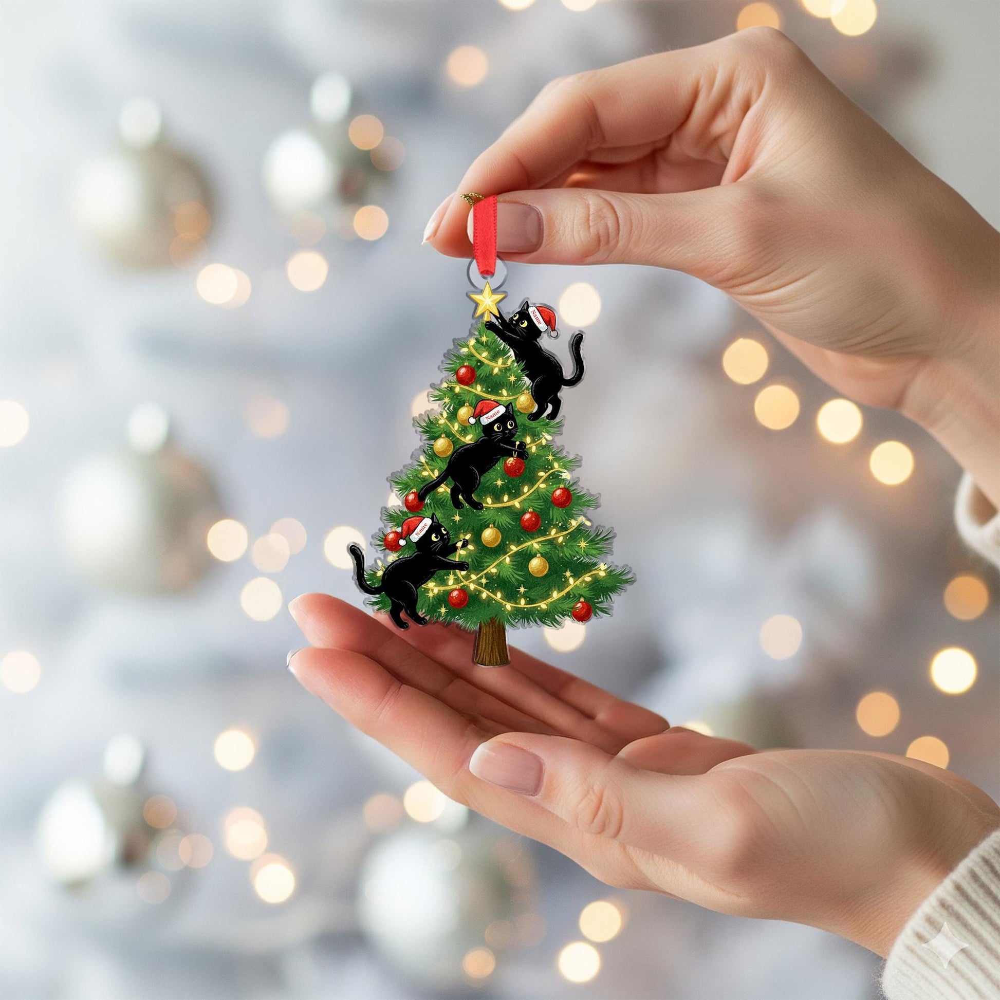 Black Cat Christmas Ornament – Personalized Holiday Tree Decoration