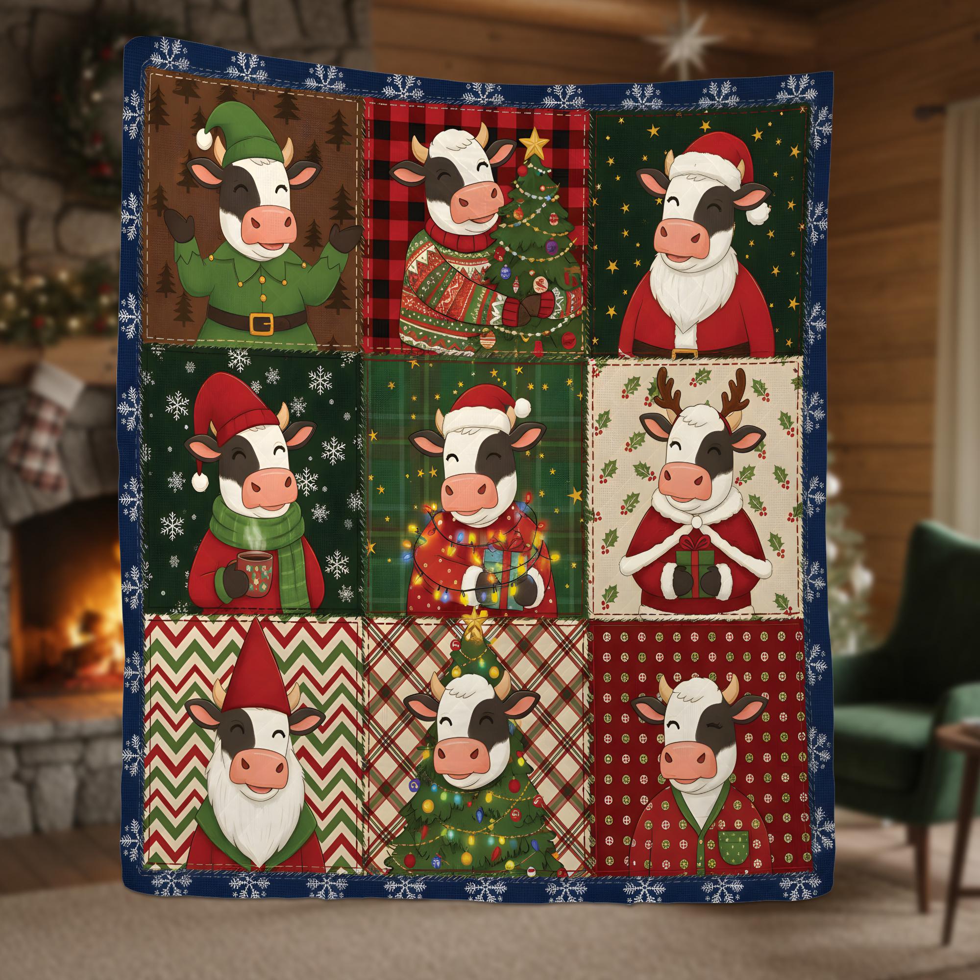 Christmas Cow Quilt Blanket, Farm Animal Patchwork Throw, Holiday Cattle Pattern