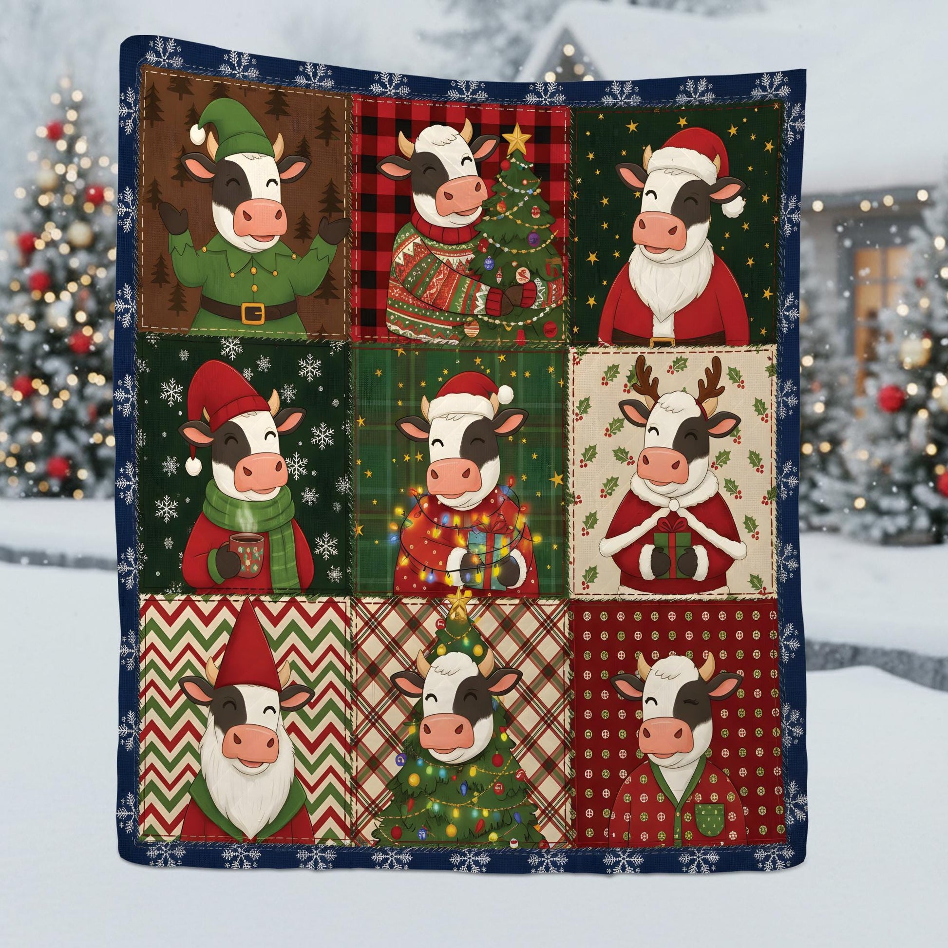Christmas Cow Quilt Blanket, Farm Animal Patchwork Throw, Holiday Cattle Pattern