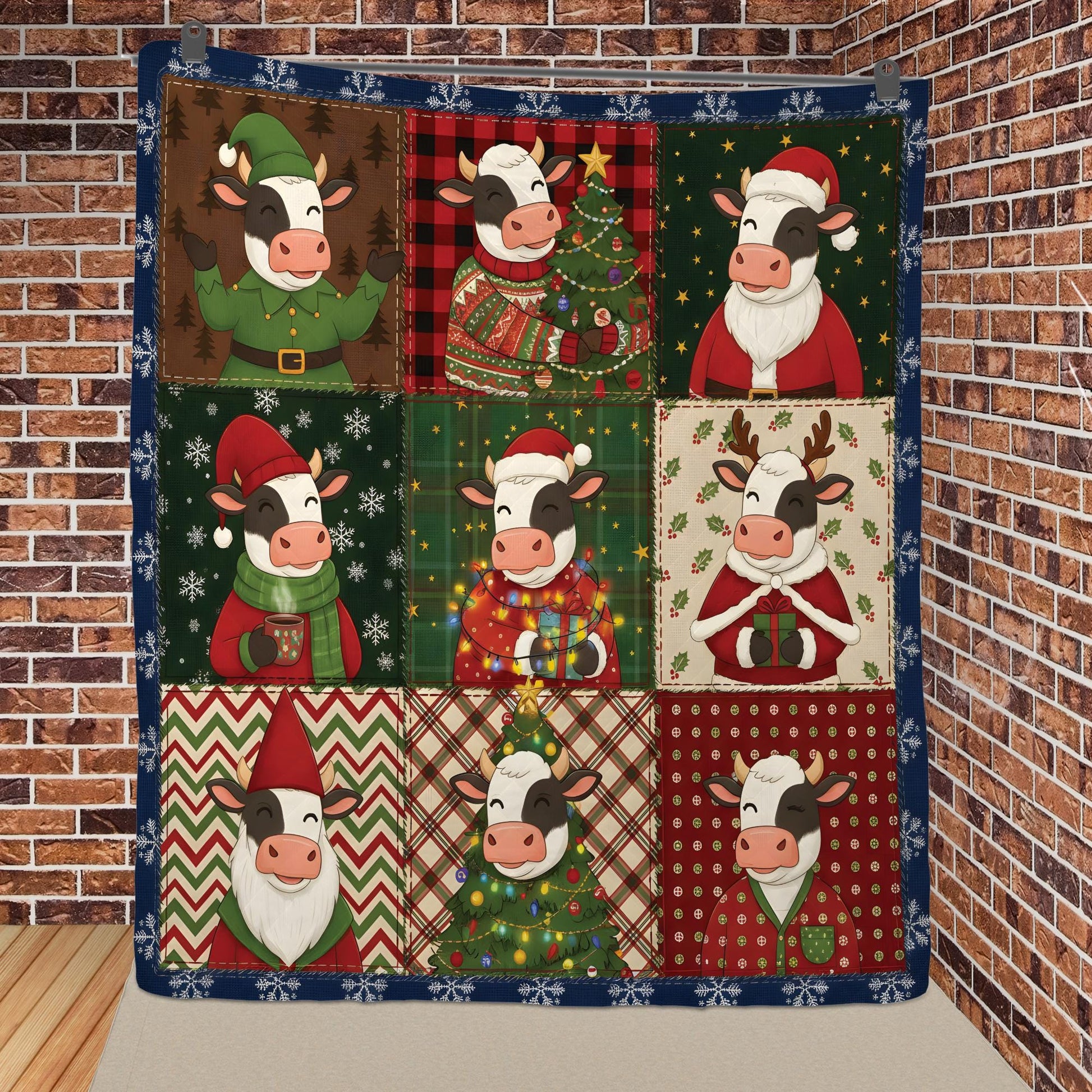 Christmas Cow Quilt Blanket, Farm Animal Patchwork Throw, Holiday Cattle Pattern