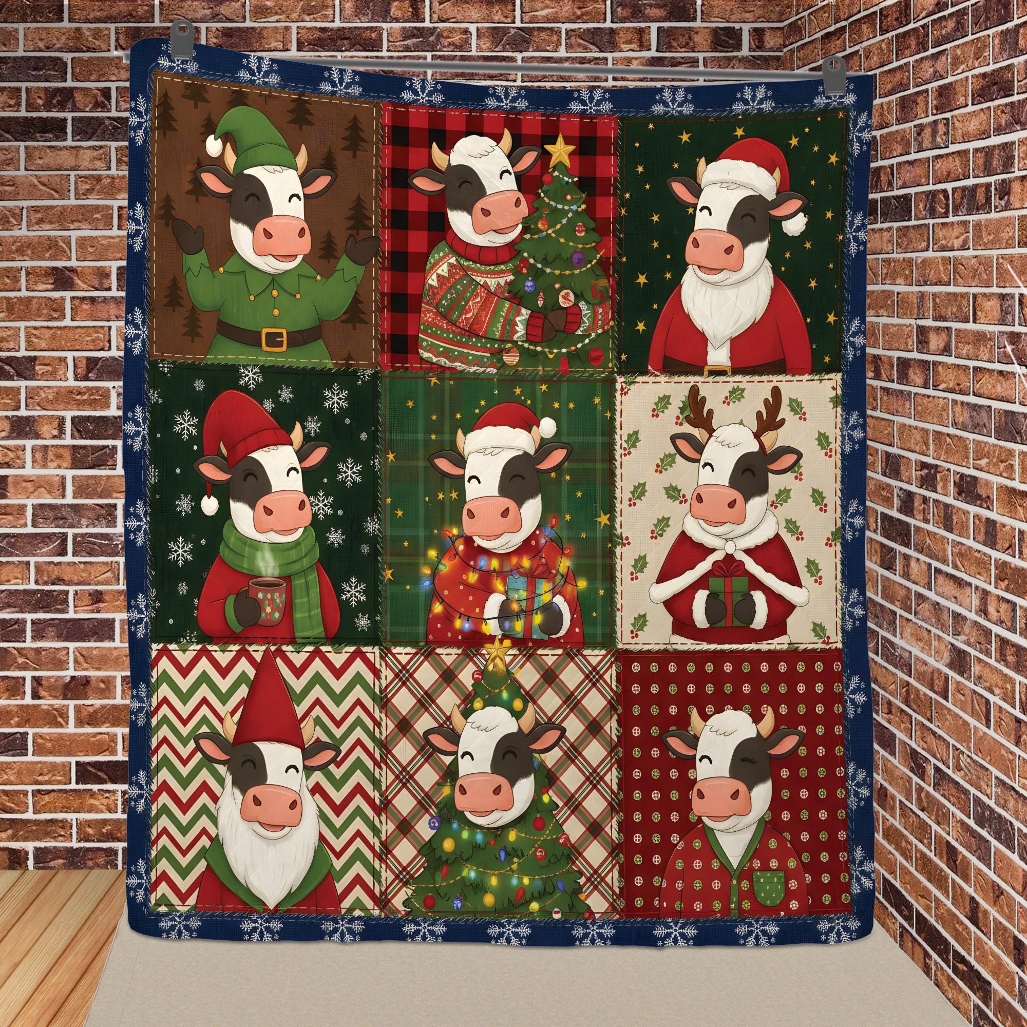 Christmas Cow Quilt Blanket, Farm Animal Patchwork Throw, Holiday Cattle Pattern