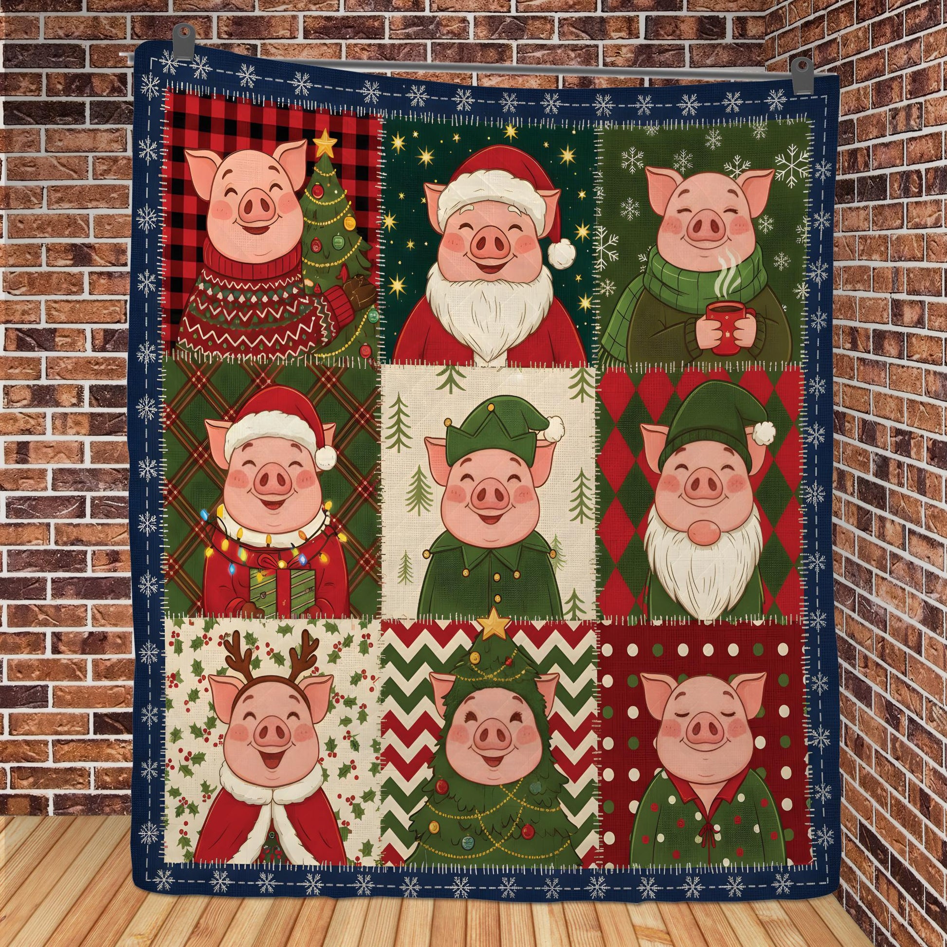 Christmas Pig Quilt Blanket, Farm Animal Patchwork Throw, Winter Bedding Decor