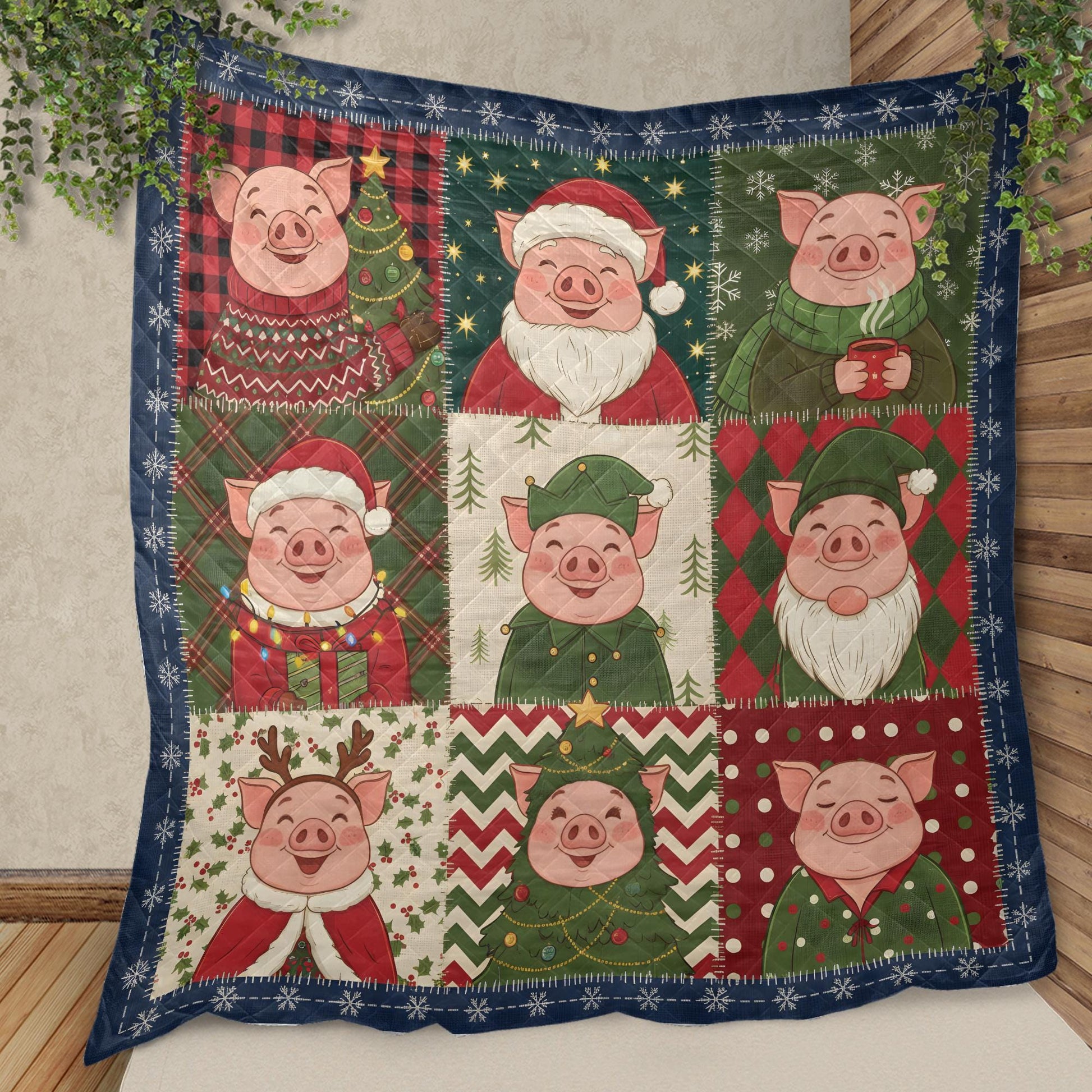 Christmas Pig Quilt Blanket, Farm Animal Patchwork Throw, Winter Bedding Decor