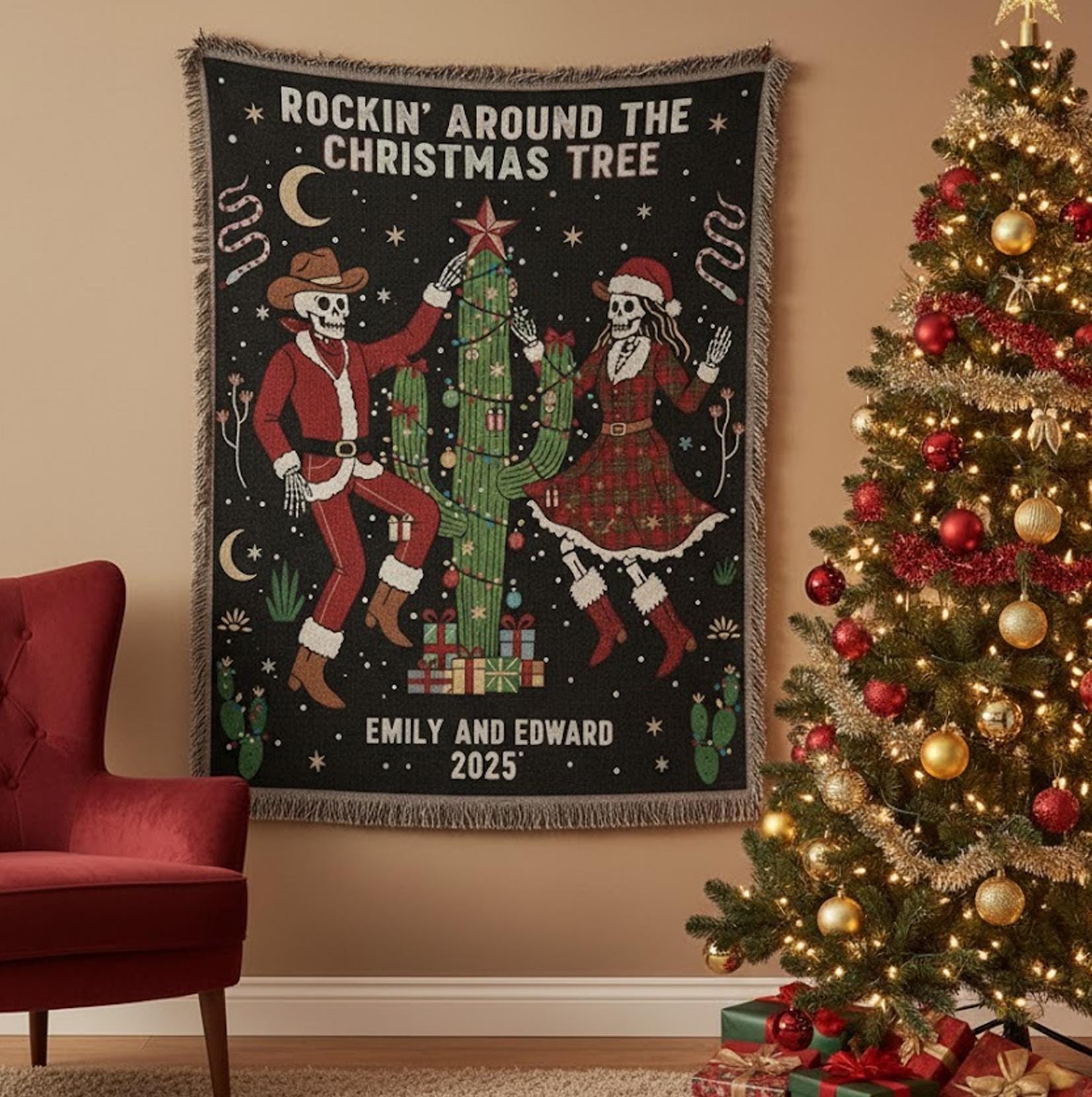 Western Skeleton Couple Weave Woven Blanket: Cozy Christmas 2025 Decor