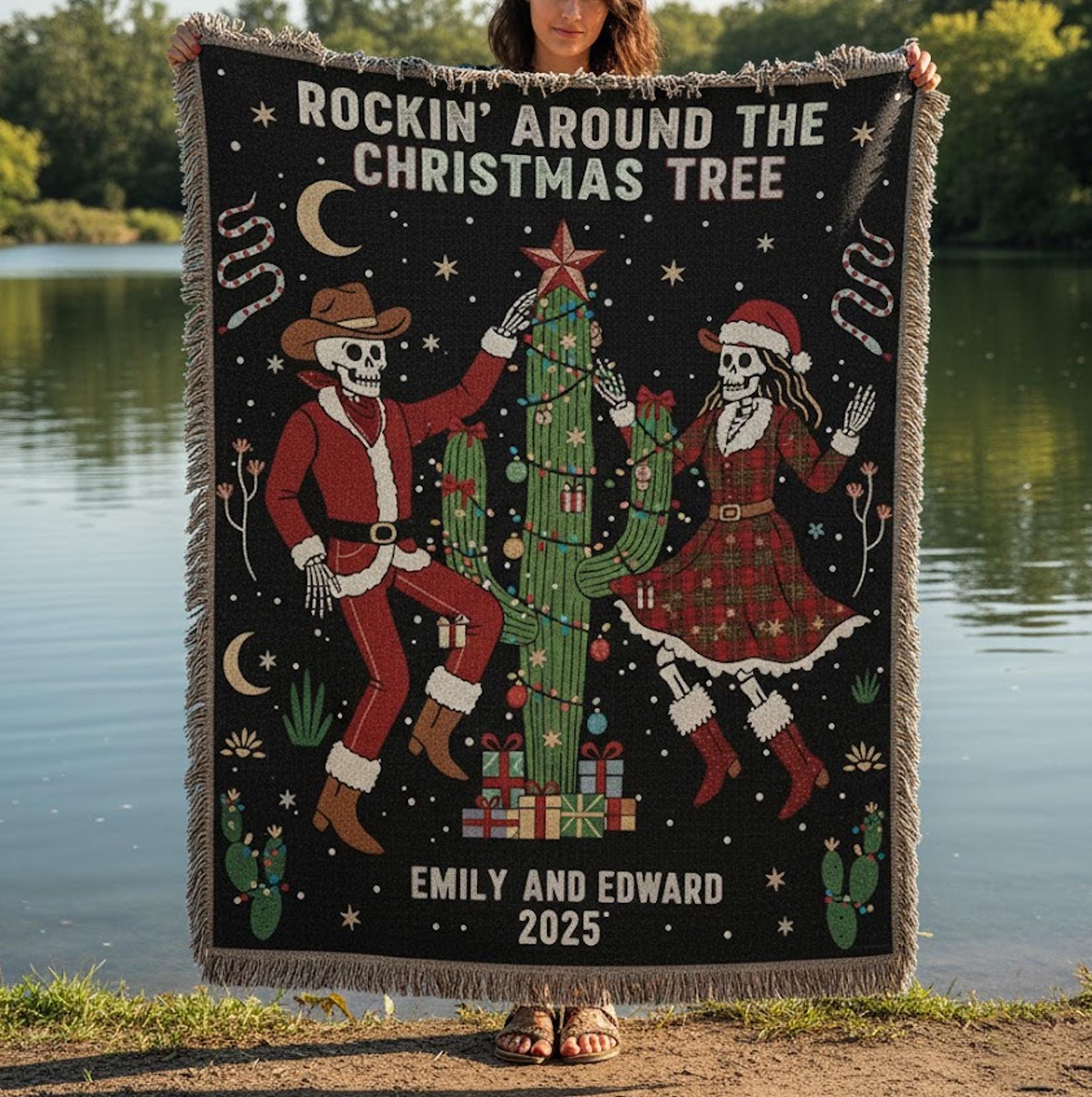 Western Skeleton Couple Weave Woven Blanket: Cozy Christmas 2025 Decor