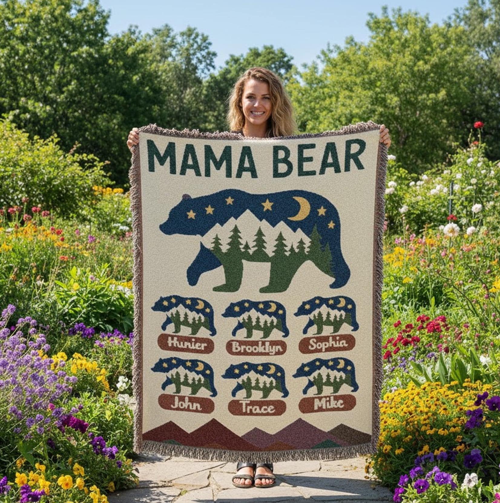 Personalized Weave Woven Blanket: Wild Mom Bear Design Family Names Rustic Nature Scene