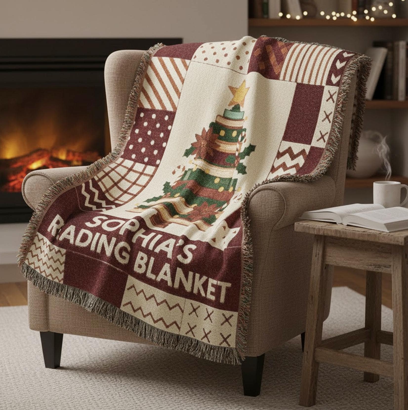 Personalized Weave Woven Blanket Book Tree Design: Holiday Patchwork Reading Cozy Blanket