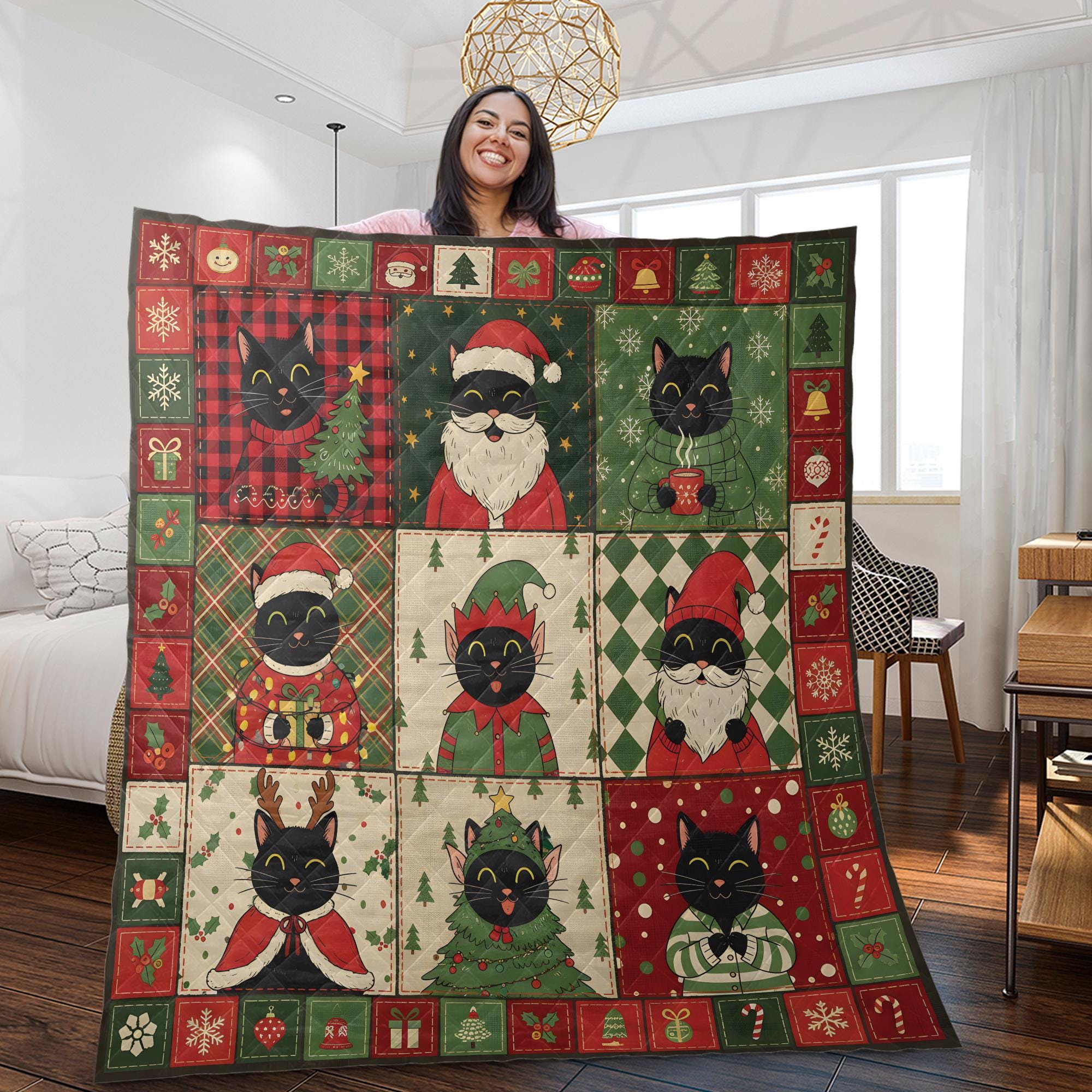 Black Cat Christmas Quilt Blanket, Patchwork Cat Throw, Winter Bedding Decor