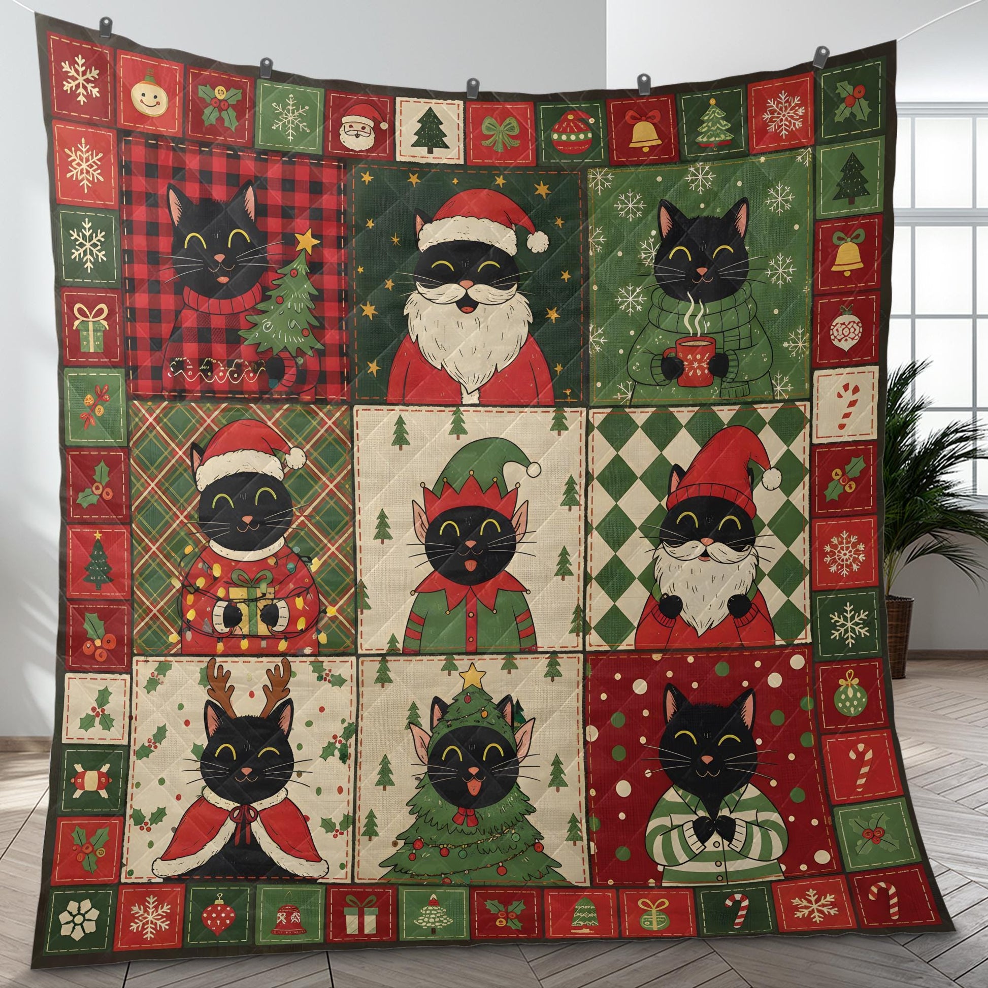Black Cat Christmas Quilt Blanket, Patchwork Cat Throw, Winter Bedding Decor