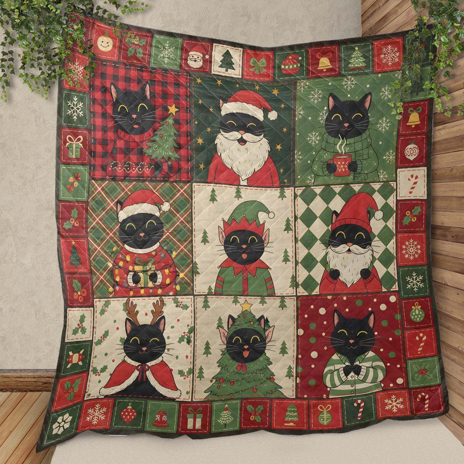Black Cat Christmas Quilt Blanket, Patchwork Cat Throw, Winter Bedding Decor