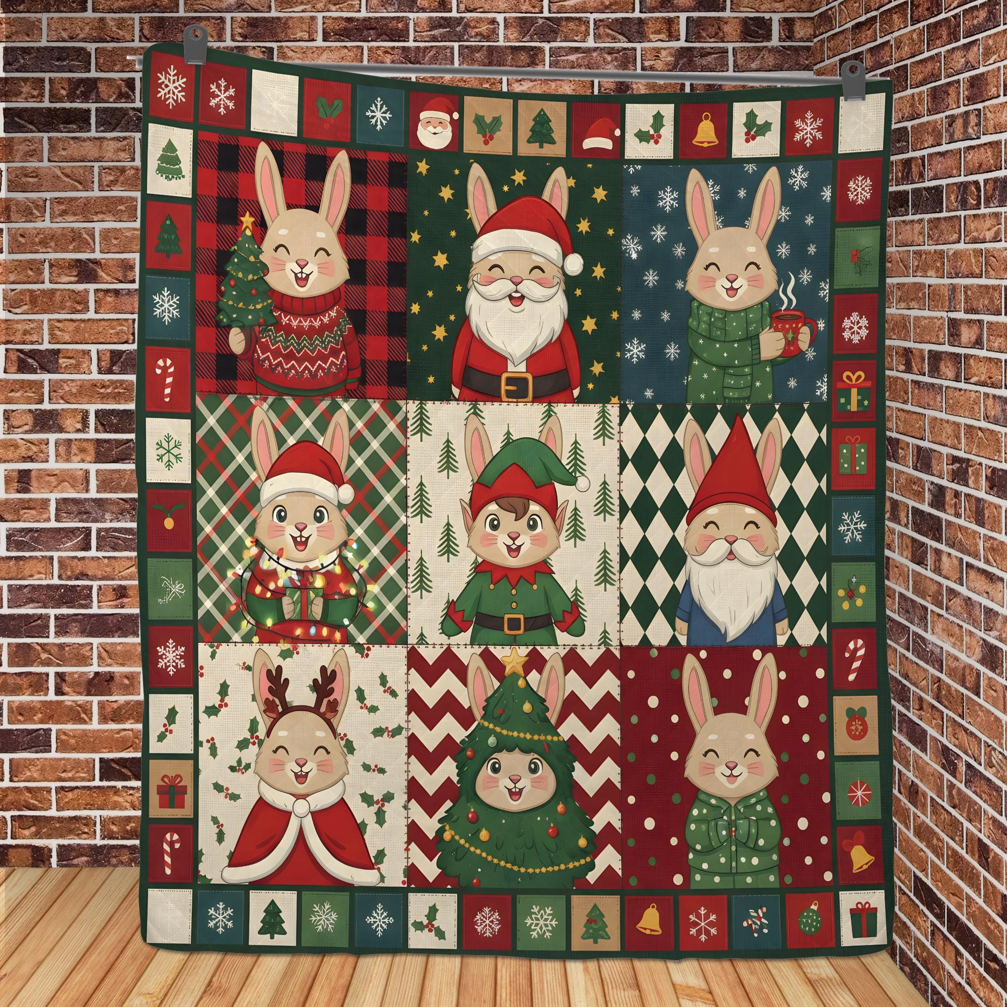 Rabbit Christmas Quilt Blanket, Patchwork Bunny Throw, Winter Bedding Decor