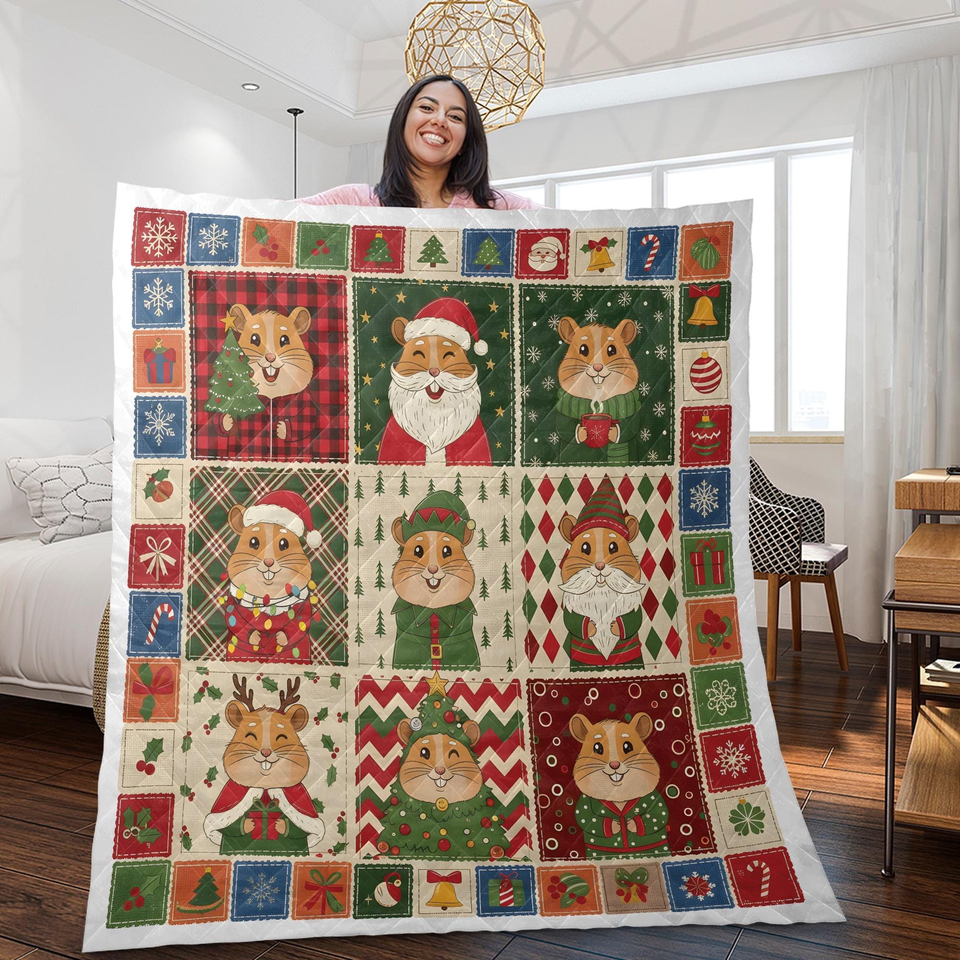 Hamster Christmas Quilt Blanket, Patchwork Animal Throw, Winter Bedding Decor