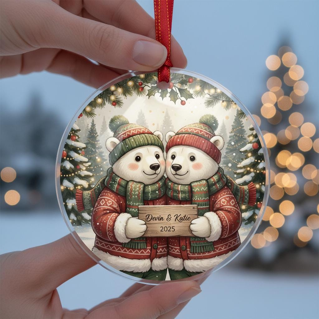 Personalized Christmas Ornament – Custom Names & Year – Holiday Bear Couple Design