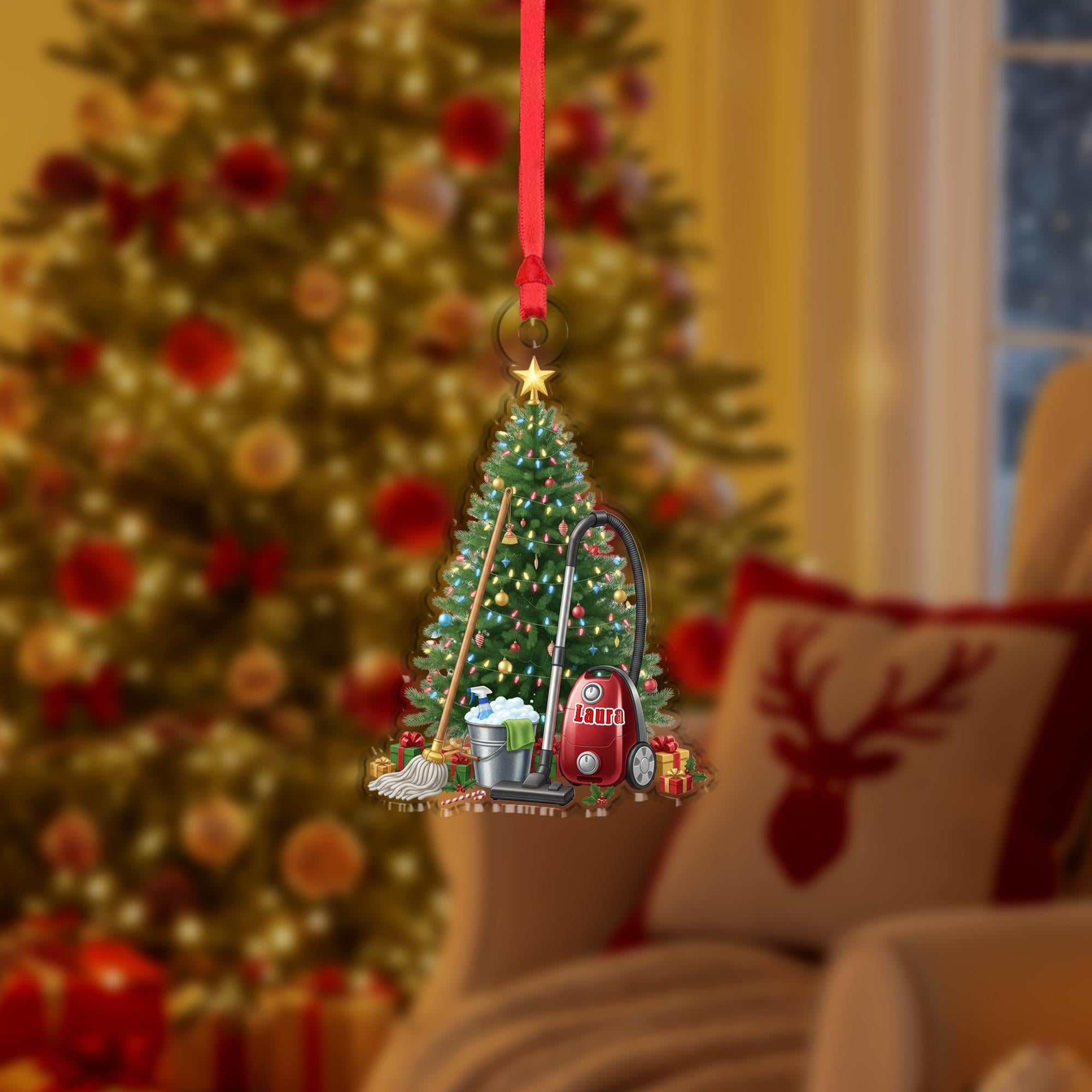 Personalized Christmas Ornament – Custom Name & Year – Cleaning Tools and Tree Design