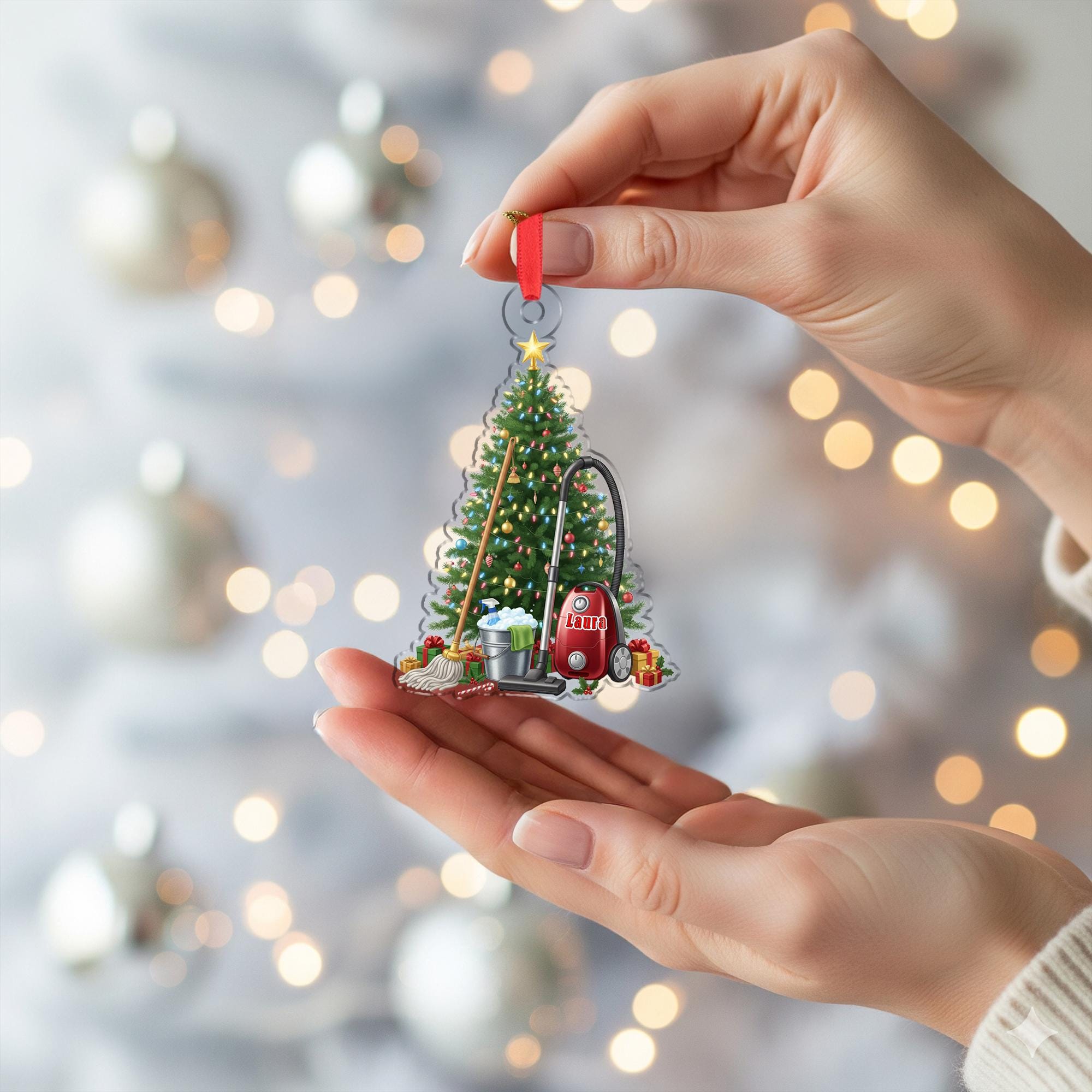 Personalized Christmas Ornament – Custom Name & Year – Cleaning Tools and Tree Design