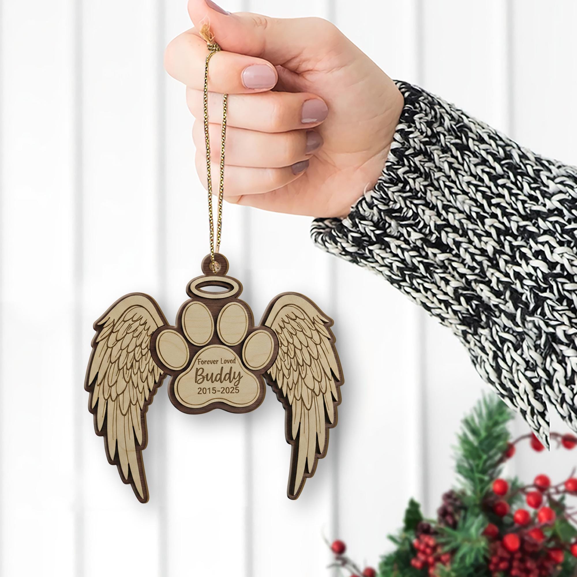 Personalized Pet Wooden Ornament – Paw Angel Wings – Name & Years