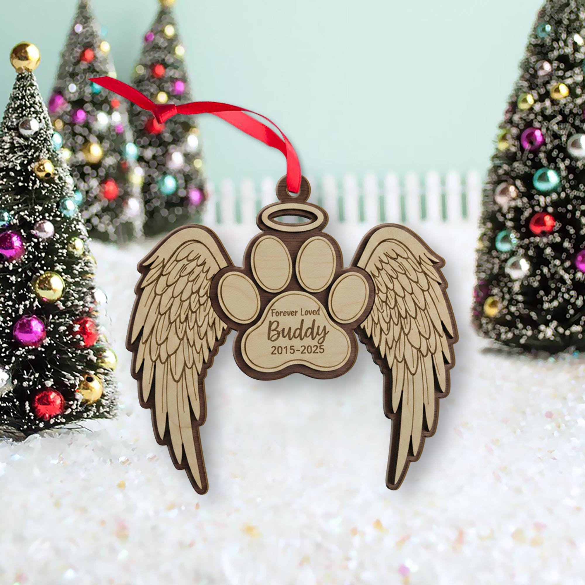 Personalized Pet Wooden Ornament – Paw Angel Wings – Name & Years