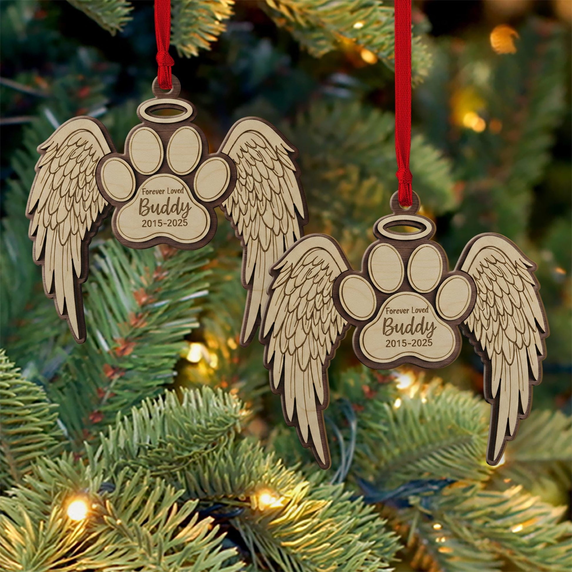 Personalized Pet Wooden Ornament – Paw Angel Wings – Name & Years