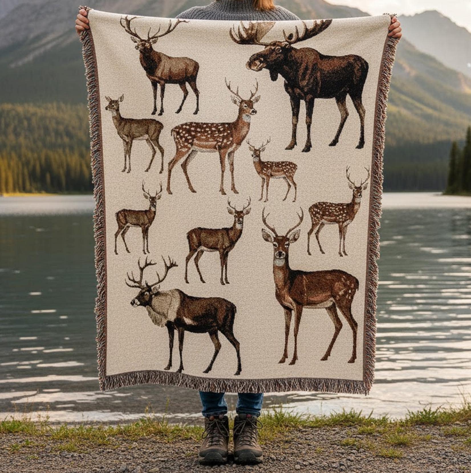 Woven Blanket with Deer Species: Moose, Elk, Whitetail, Rustic Wildlife Design