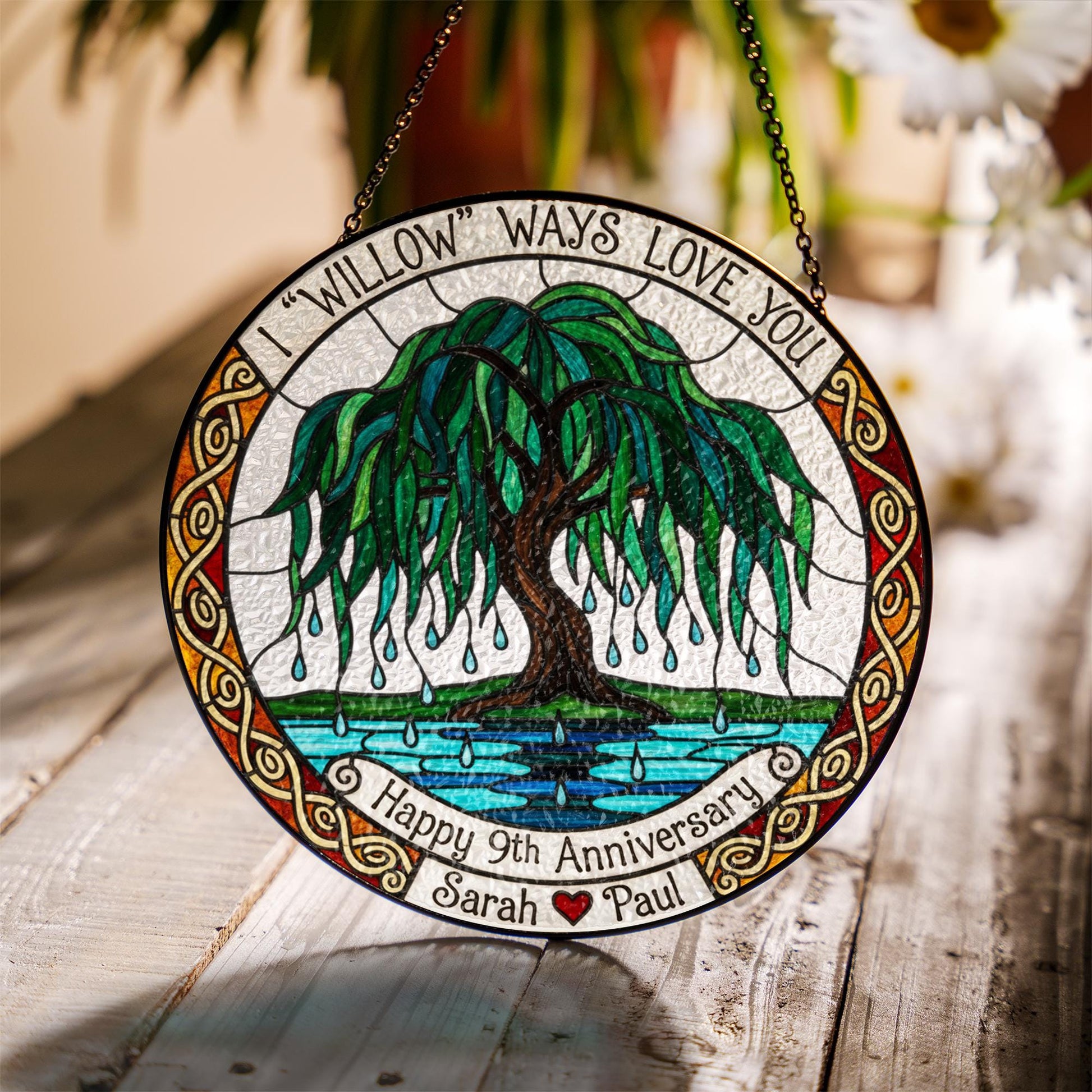 Personalized 9th Anniversary Willow Suncatcher • Custom Willow Tree Window Hanging Gift