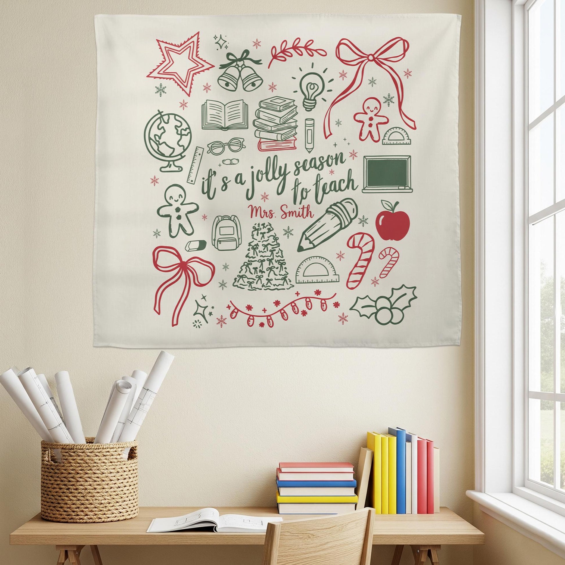 Personalized Teacher Holiday Tapestry • Merry Christmas Classroom Decor Gift