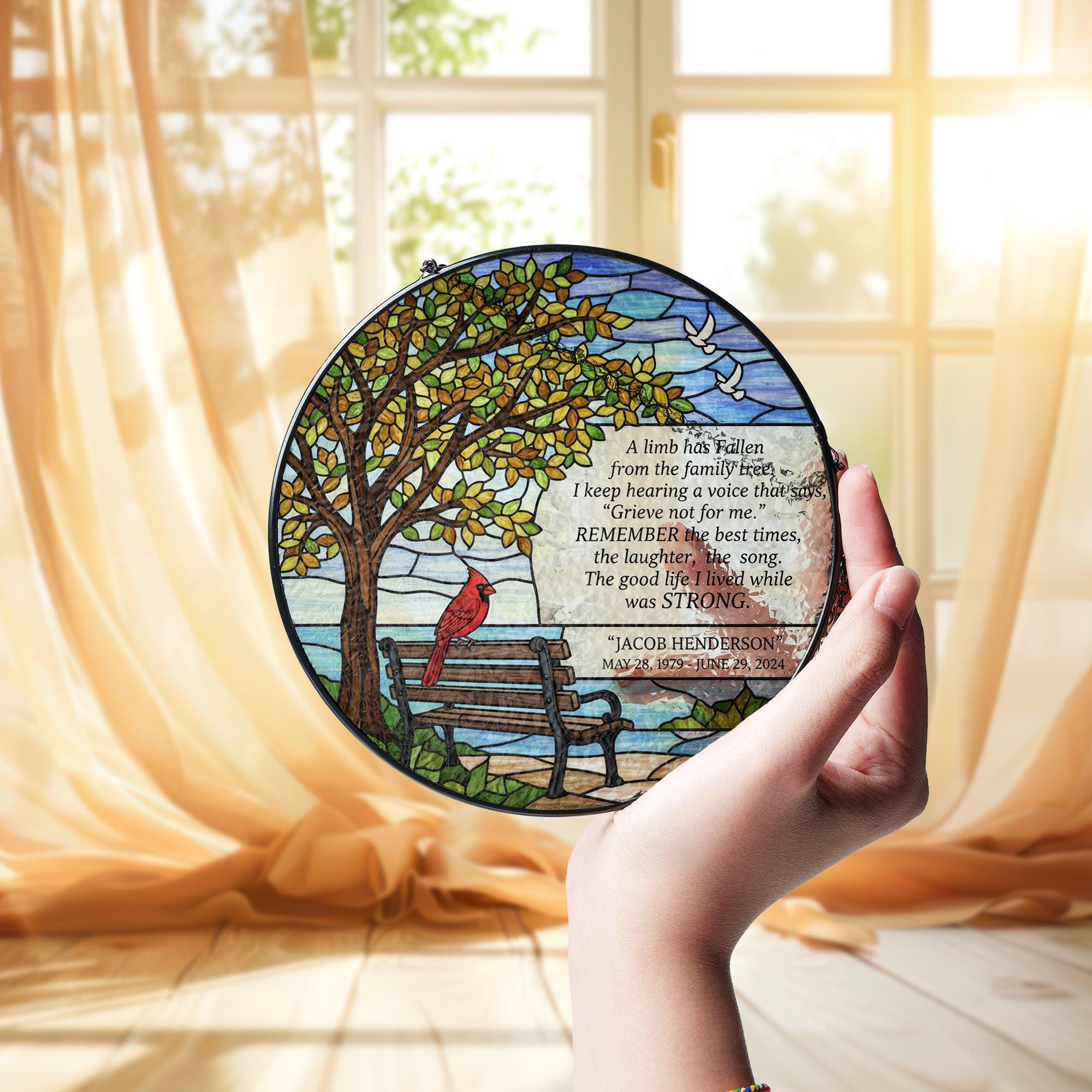 Personalized Memorial Cardinal Suncatcher • Custom Sympathy Gift for Loss of Loved One
