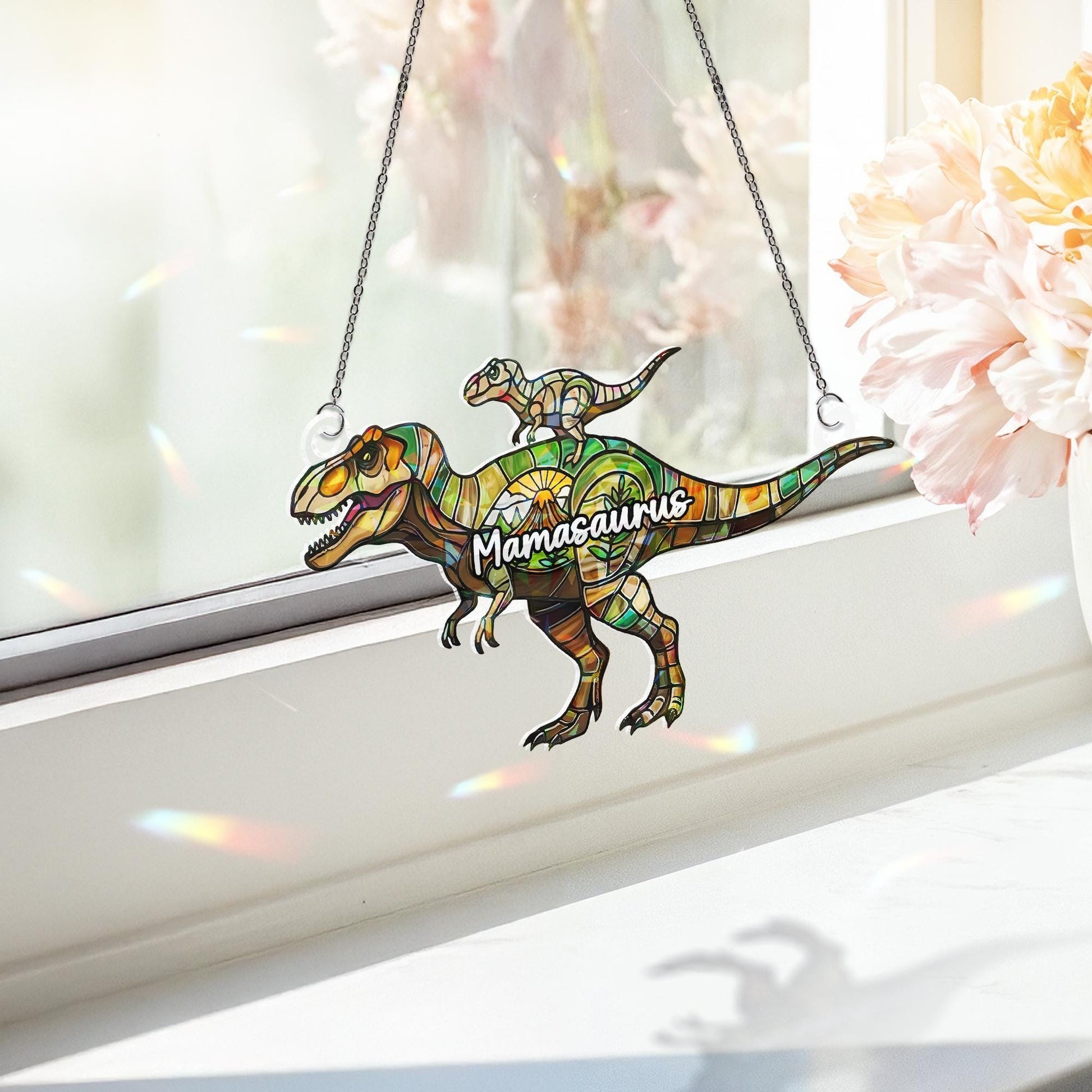 Dinosaur Mom and Baby Holographic Window Hanging, Dinosaur Acrylic Suncatcher