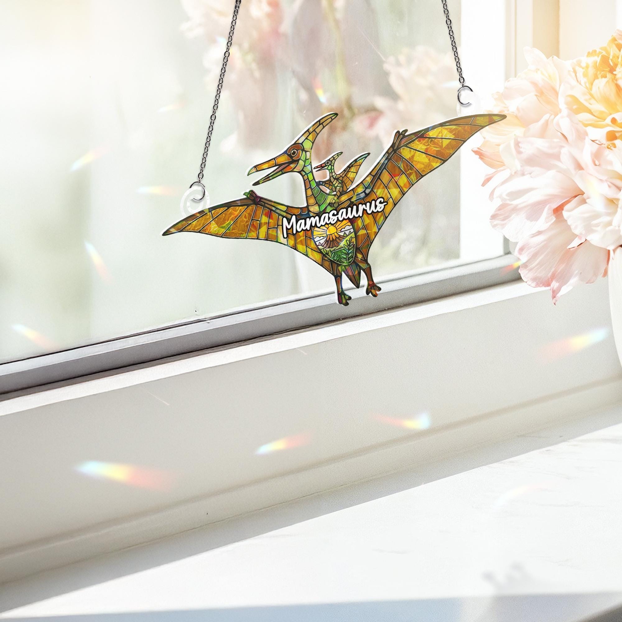 Dinosaur Mom and Baby Holographic Window Hanging, Dinosaur Acrylic Suncatcher