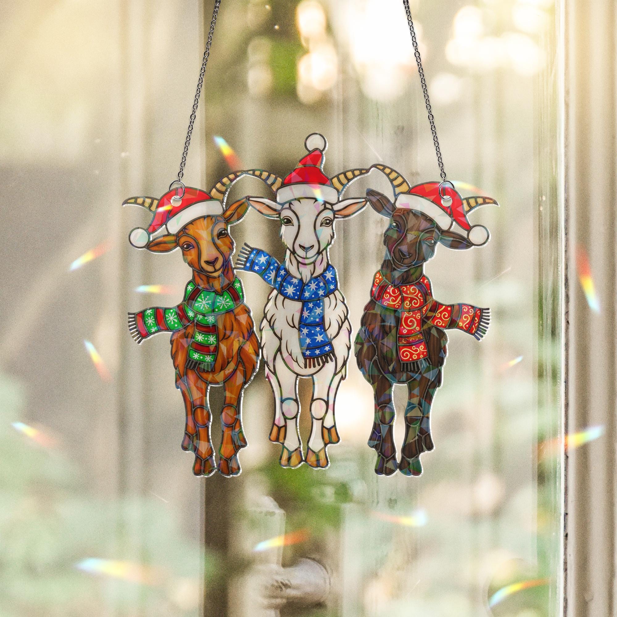 3 Goat Christmas Window Hanging • Holographic Farm Animal Decor • Funny Holiday Suncatcher Gift