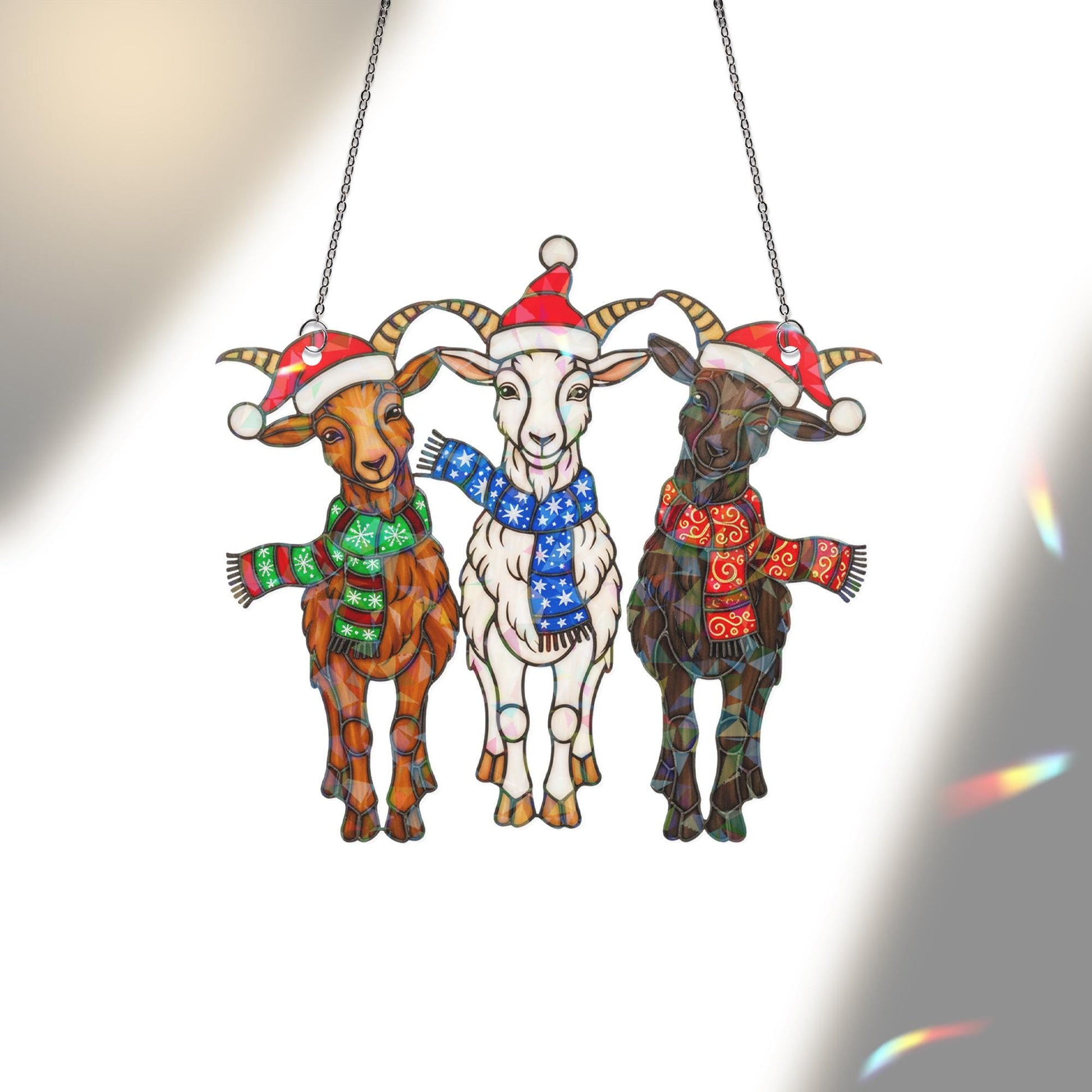 3 Goat Christmas Window Hanging • Holographic Farm Animal Decor • Funny Holiday Suncatcher Gift