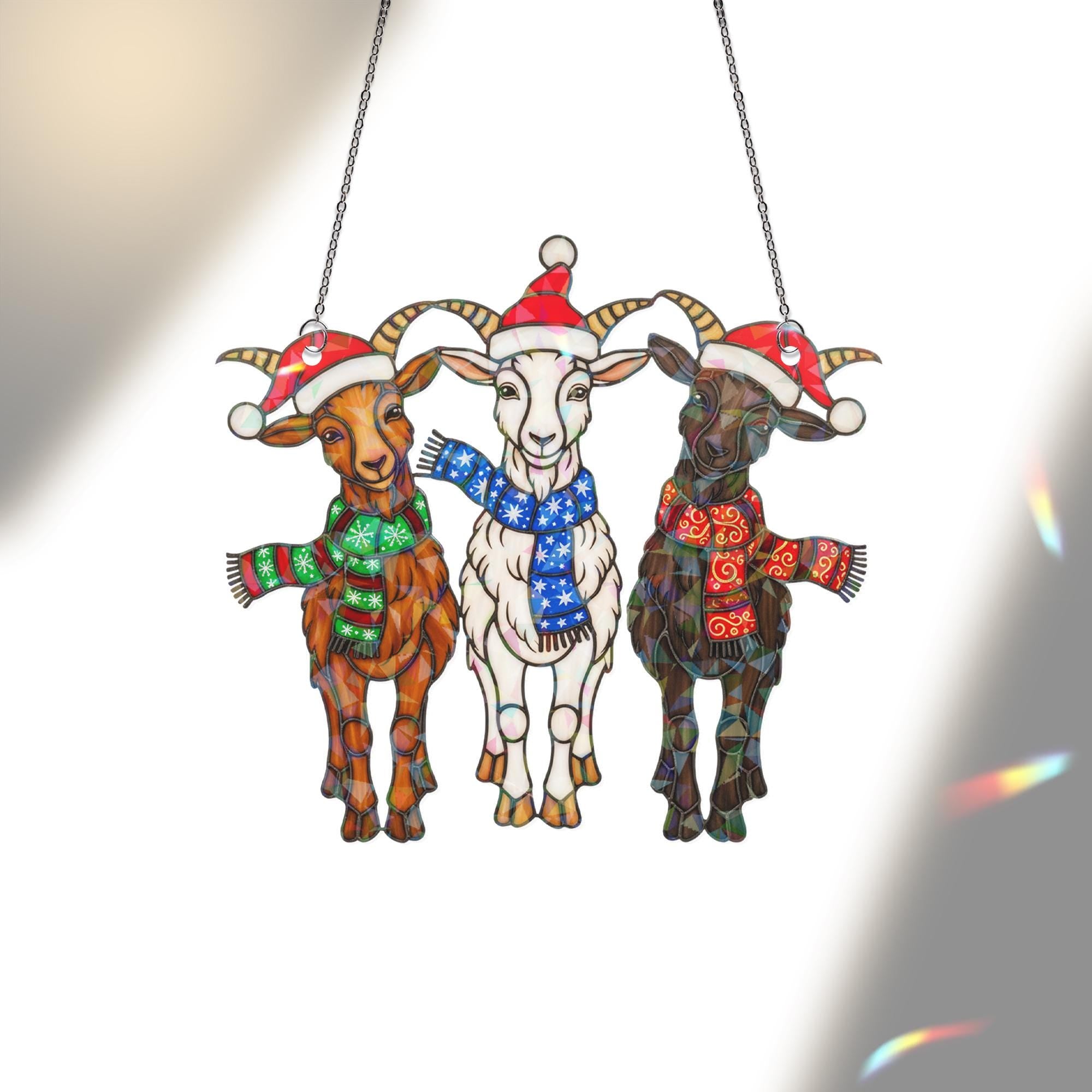 3 Goat Christmas Window Hanging • Holographic Farm Animal Decor • Funny Holiday Suncatcher Gift