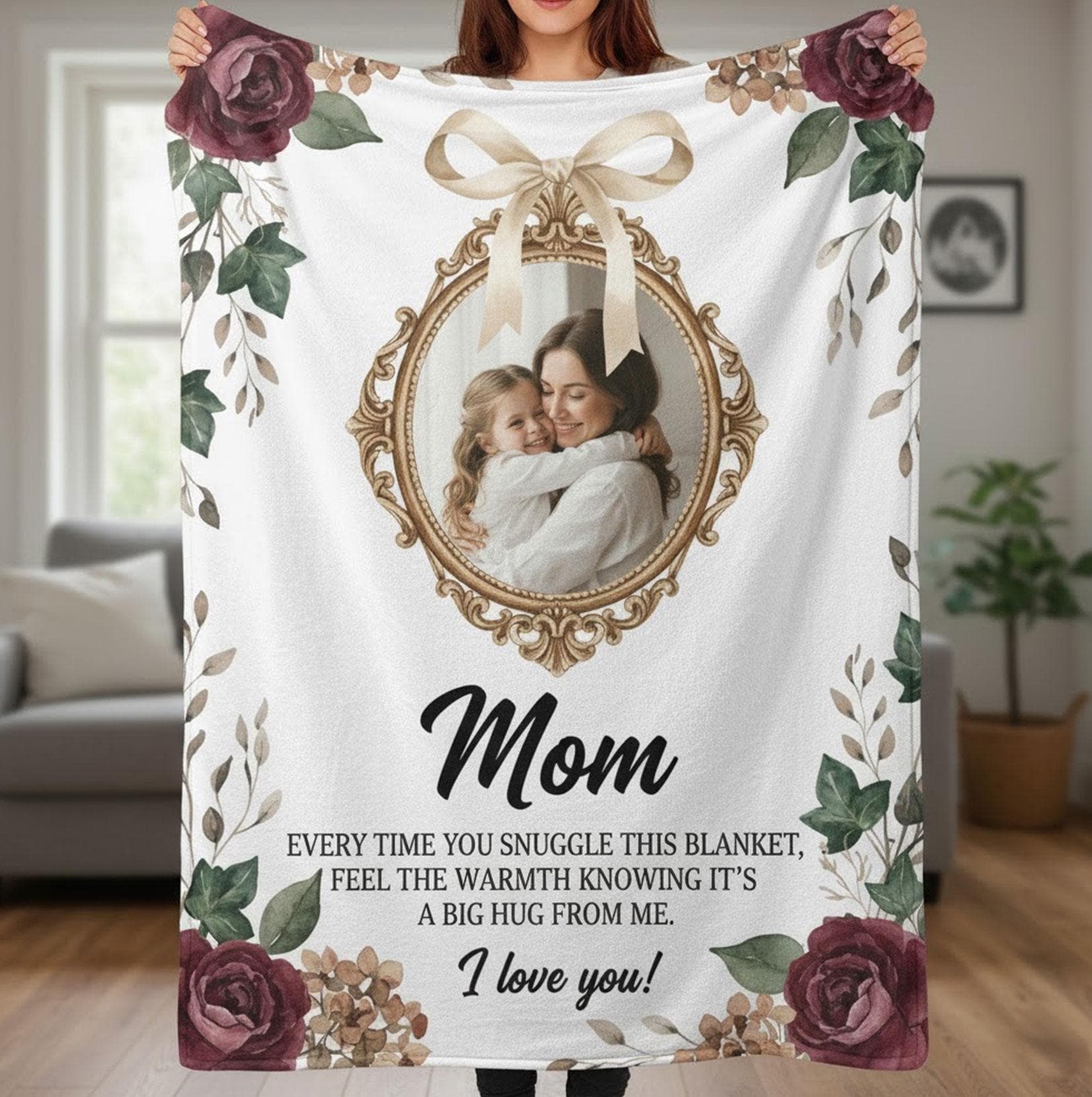 Personalized Mom & Daughter Fleece Blanket: Photo Frame Design, Floral Print, Sentimental Message
