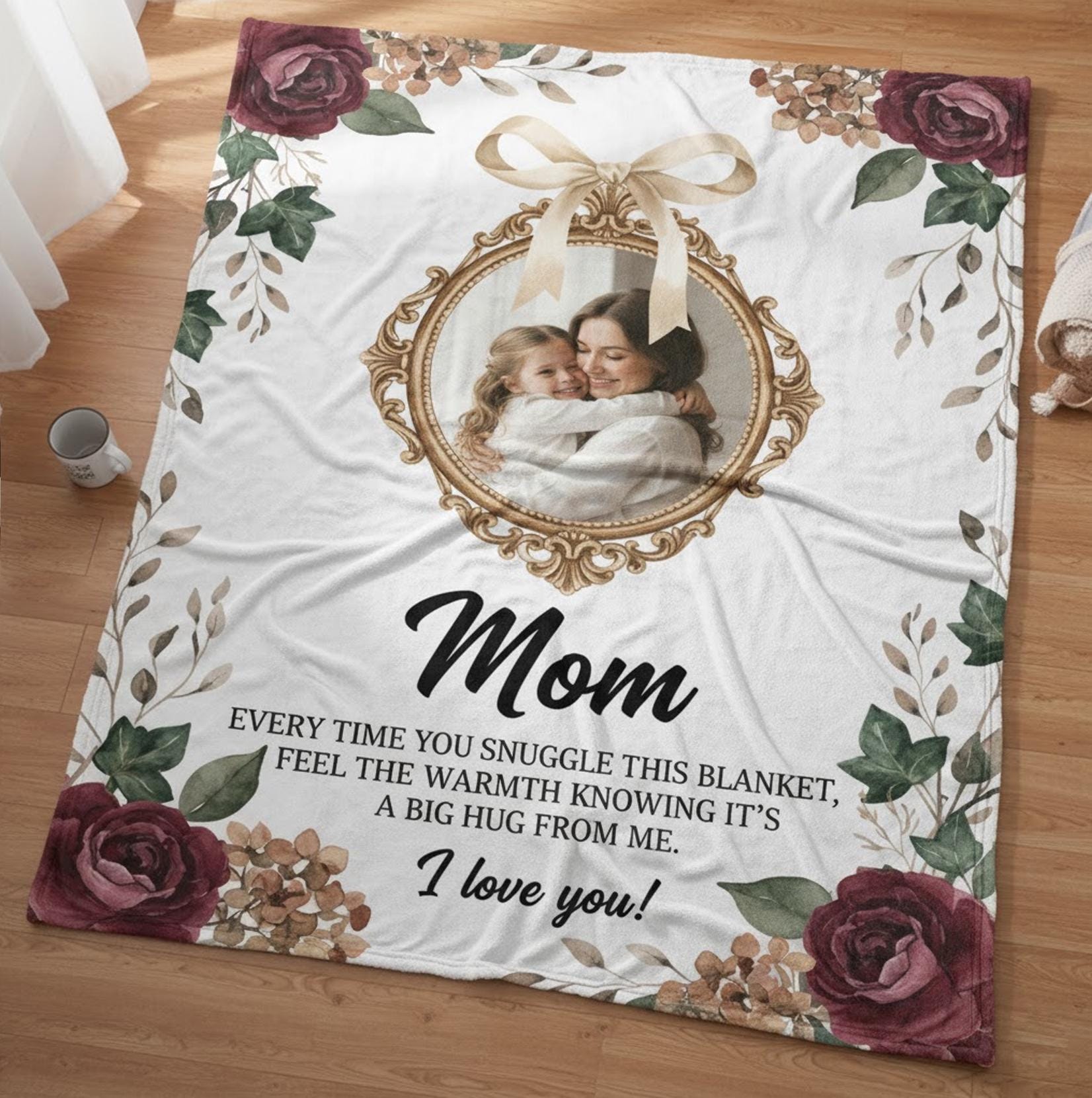 Personalized Mom & Daughter Fleece Blanket: Photo Frame Design, Floral Print, Sentimental Message