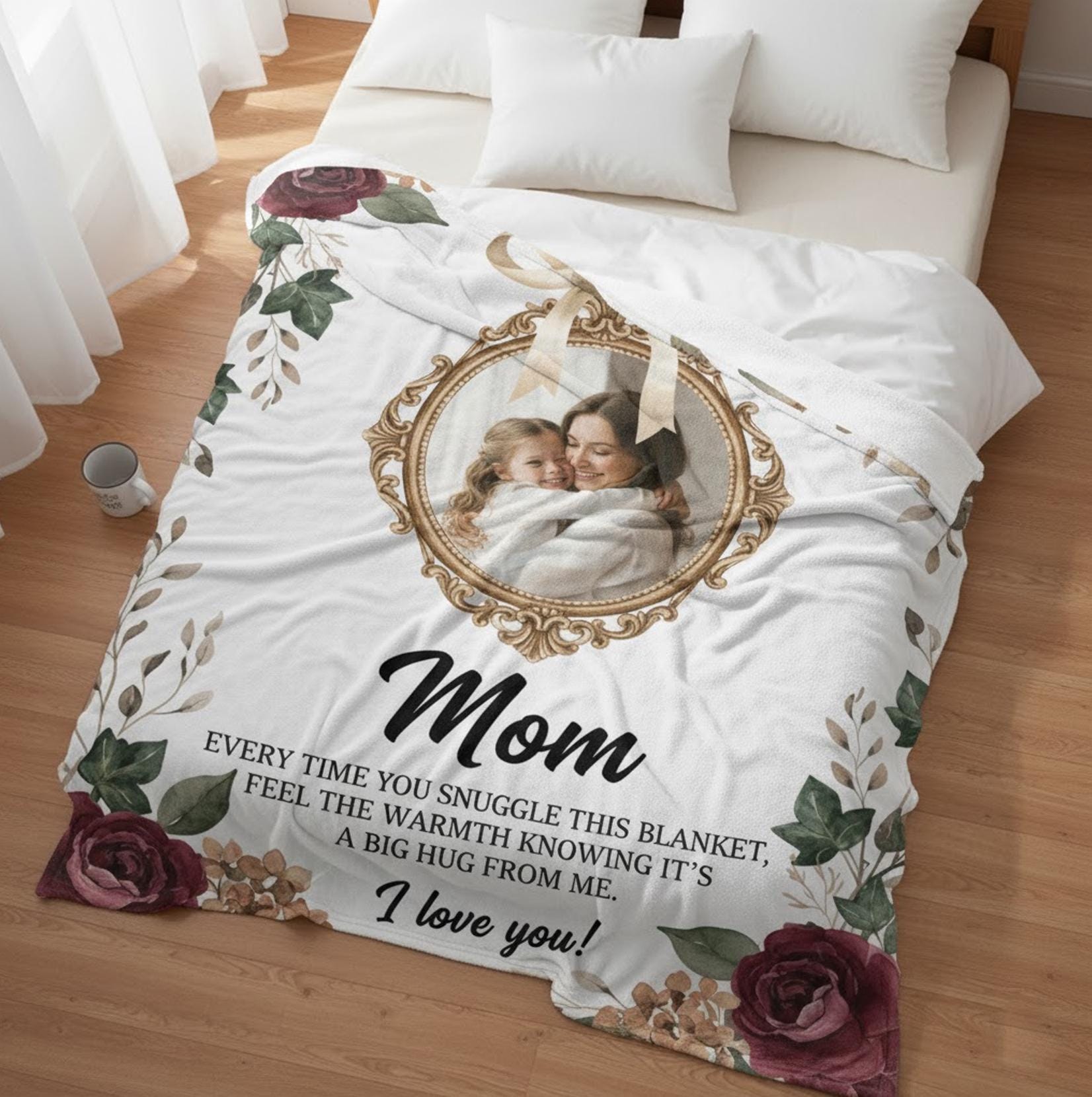 Personalized Mom & Daughter Fleece Blanket: Photo Frame Design, Floral Print, Sentimental Message