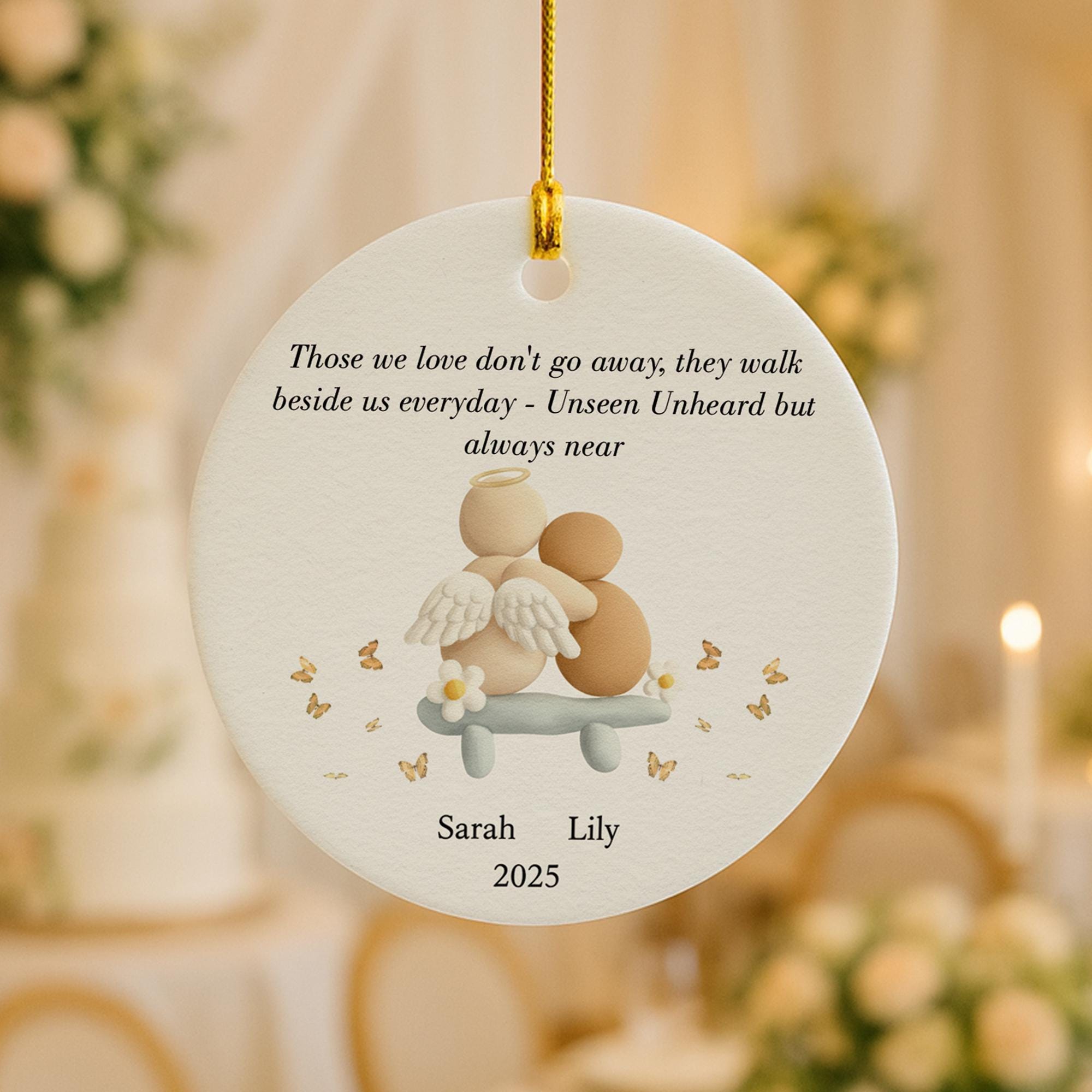 Memorial Ceramic Ornament, Personalized Names and Year, Angel Design, Round Tree Decor