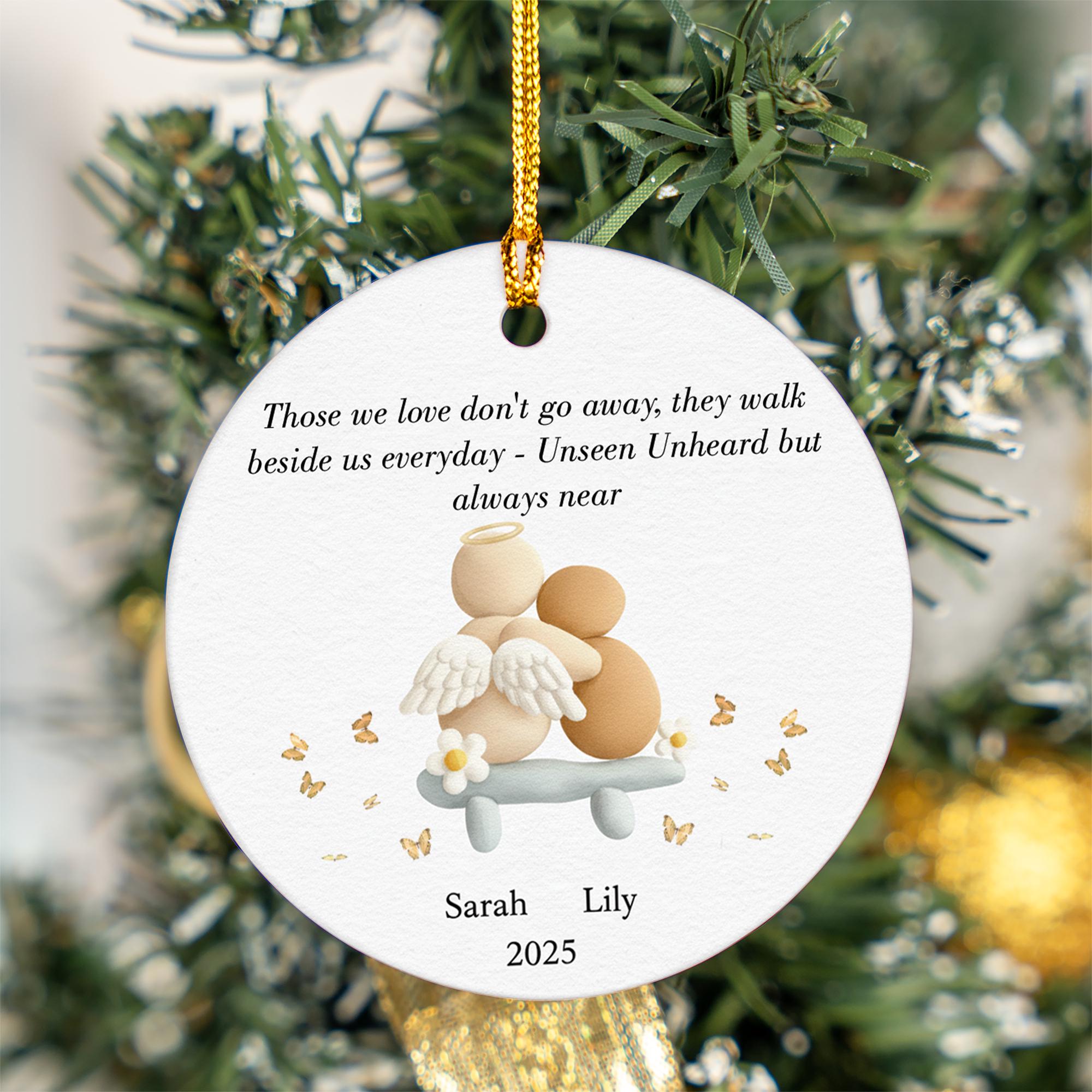 Memorial Ceramic Ornament, Personalized Names and Year, Angel Design, Round Tree Decor