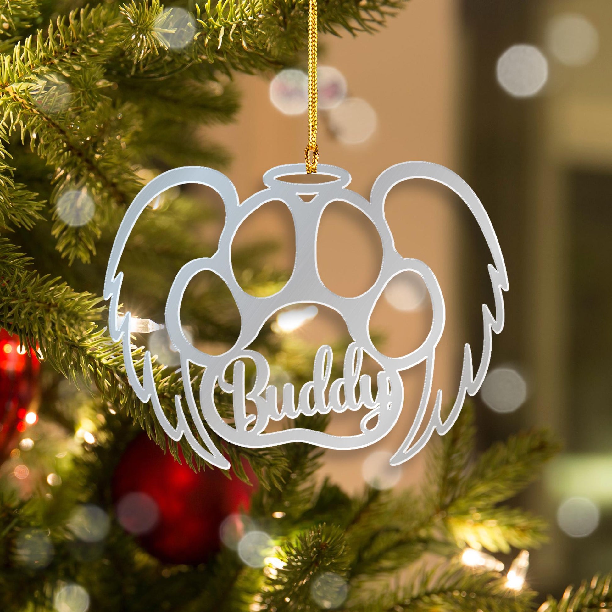Personalized Paw Acrylic Mirror Ornament: Angel Wings Pet Memorial Decoration