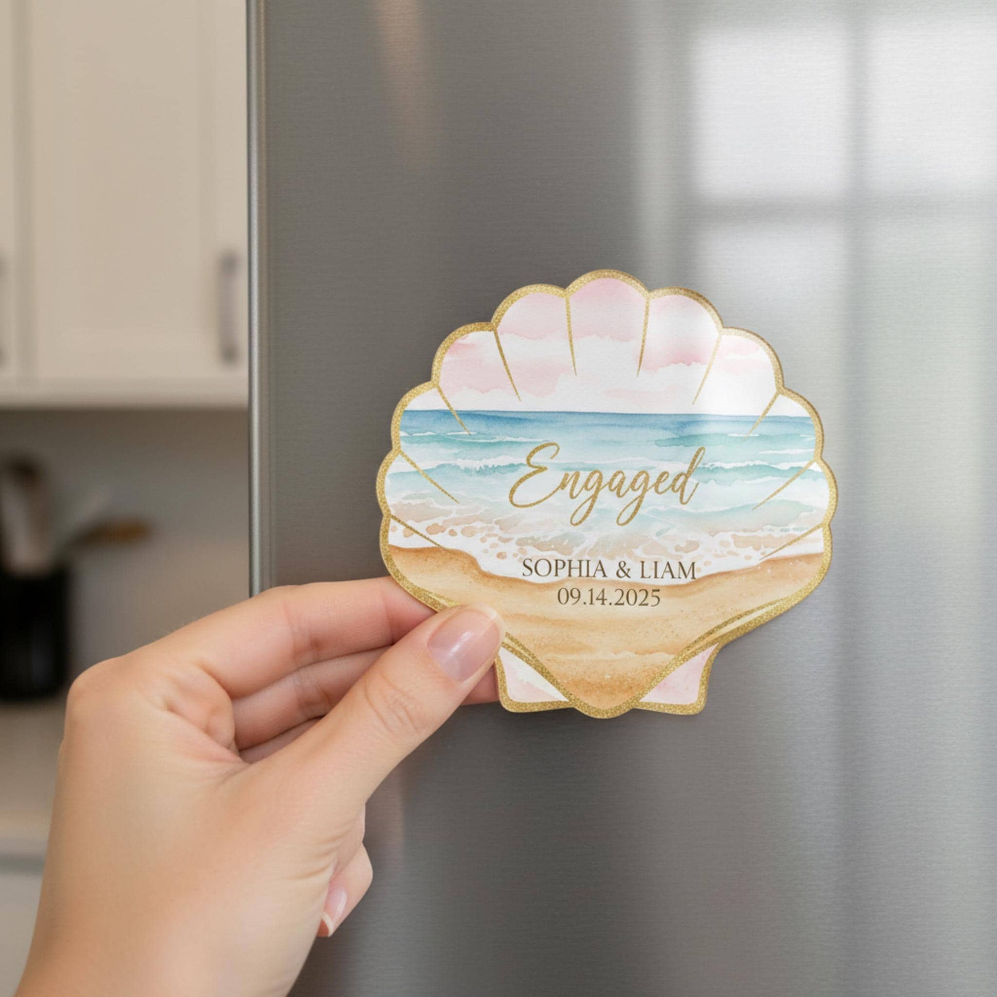 Personalized Seashell Engagement Magnet • Custom Beach Wedding Keepsake