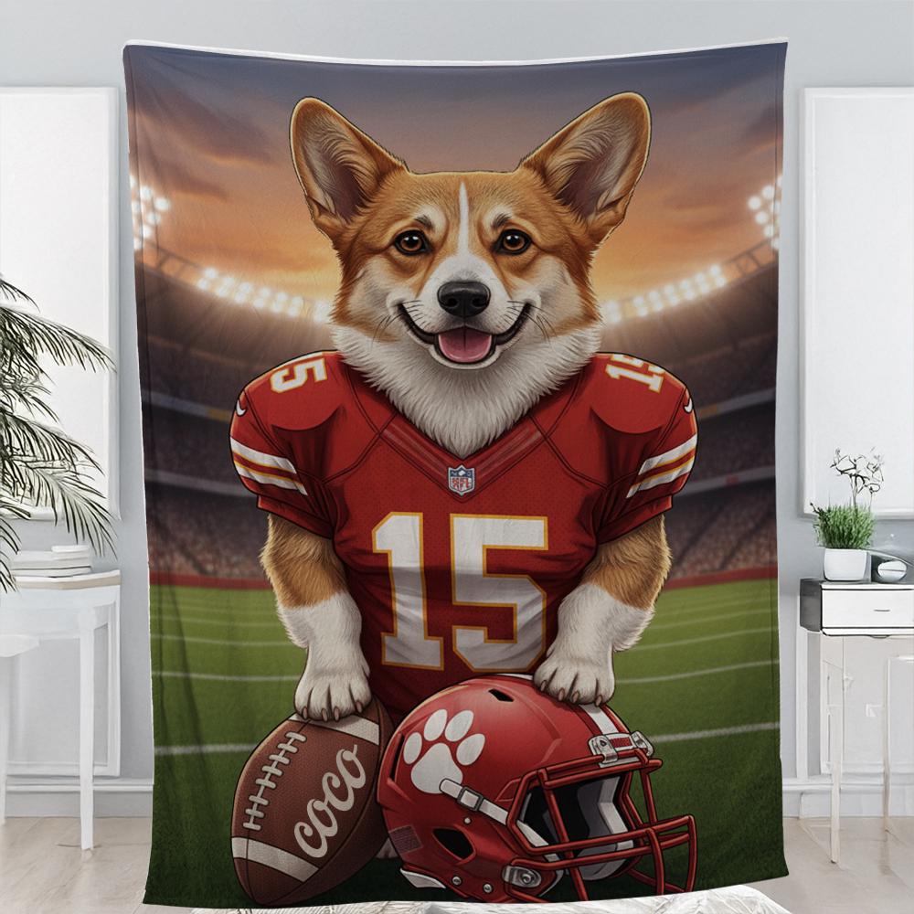 Custom Pet Sports Blanket | Personalized Dog Football Fleece Throw | Pet Portrait Stadium Decor