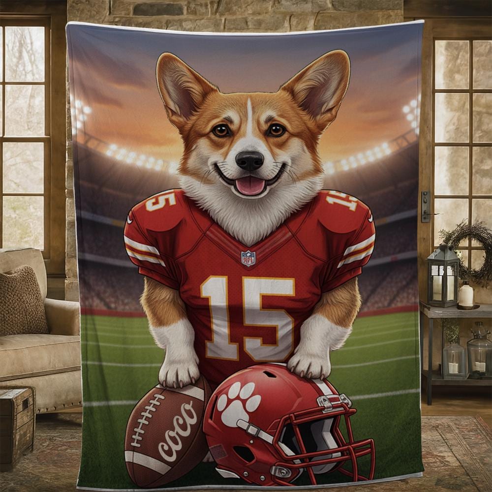 Custom Pet Sports Blanket | Personalized Dog Football Fleece Throw | Pet Portrait Stadium Decor